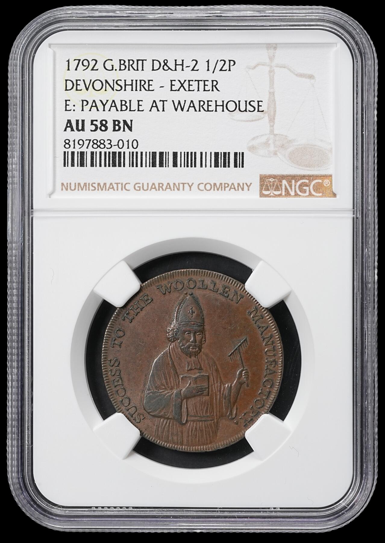 修遠堂世界钱币第六十一期 NGC AU58 1792年英国埃克塞特1/2便士代用币