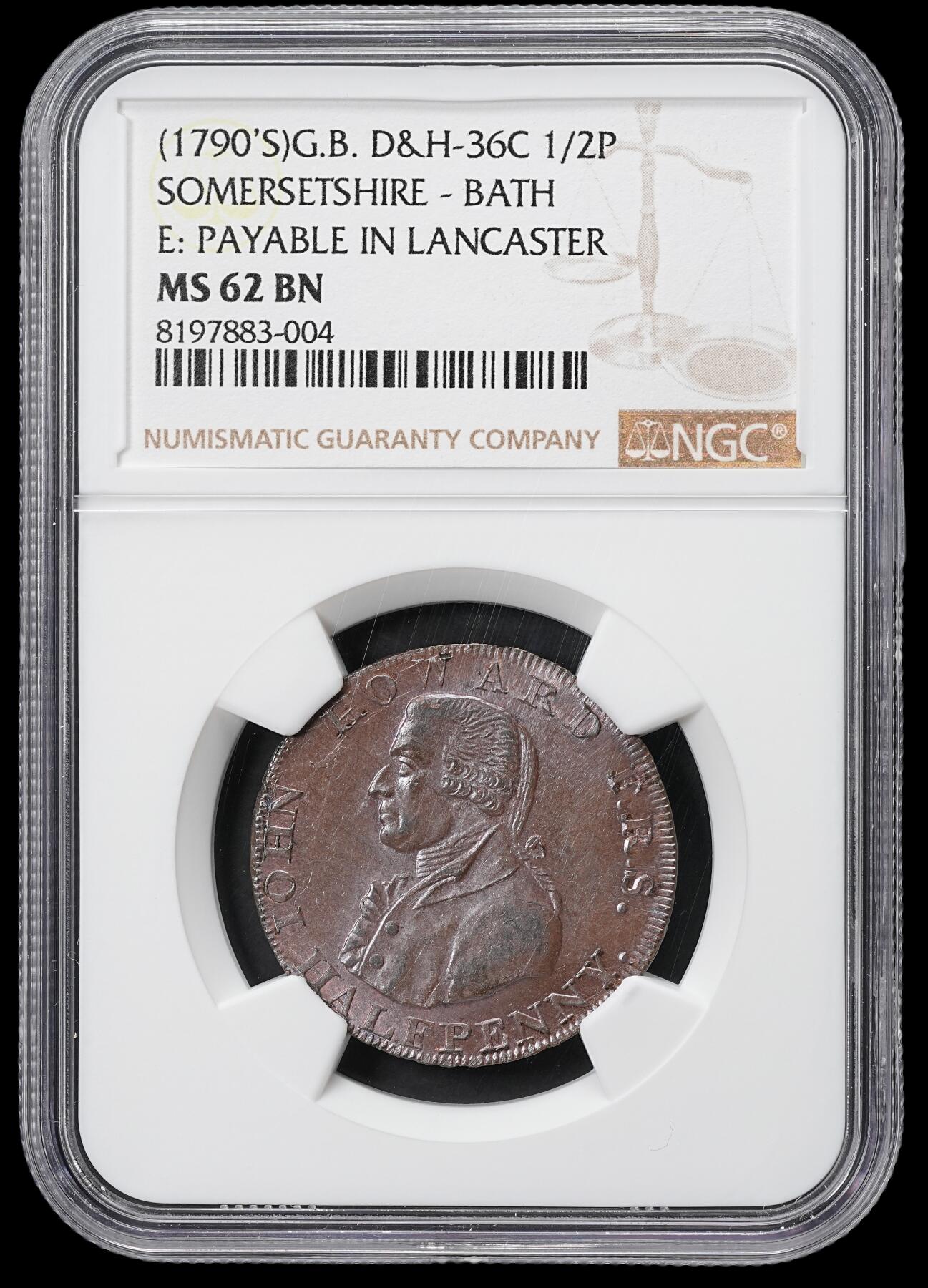 修遠堂世界钱币第六十一期 NGC MS62BN 1790年代英国萨默塞特郡-巴斯1/2便士代用币