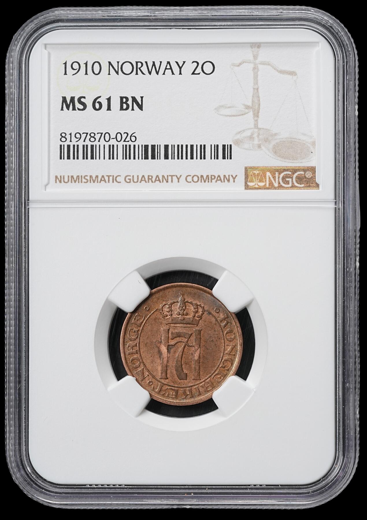 修遠堂世界钱币第六十一期 NGC MS61BN 1910年挪威1欧尔铜币 稀少年份 币筋 克劳斯价300美金