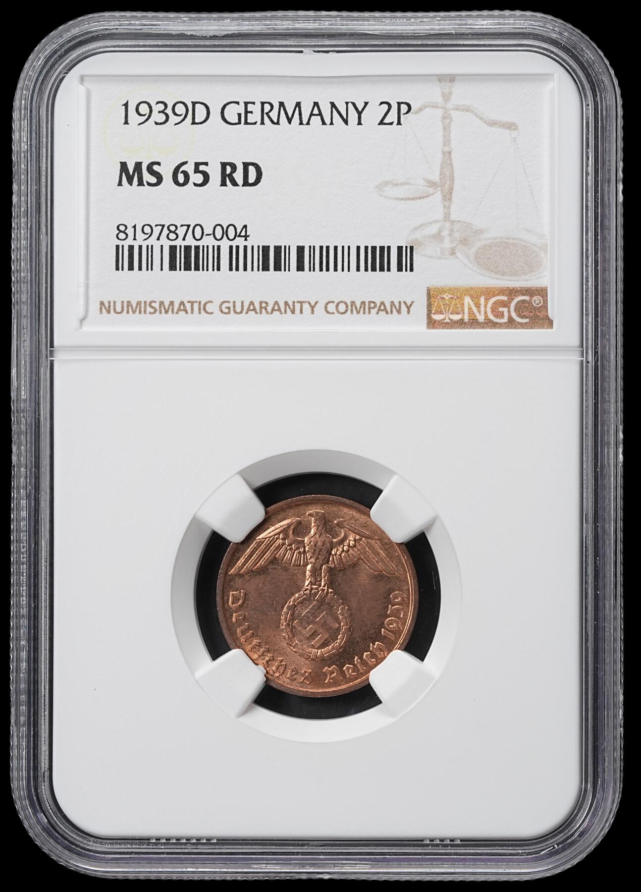 修遠堂世界钱币第六十一期 NGC MS65RD 1939年德国2芬尼铜币 RD难得 D厂铭