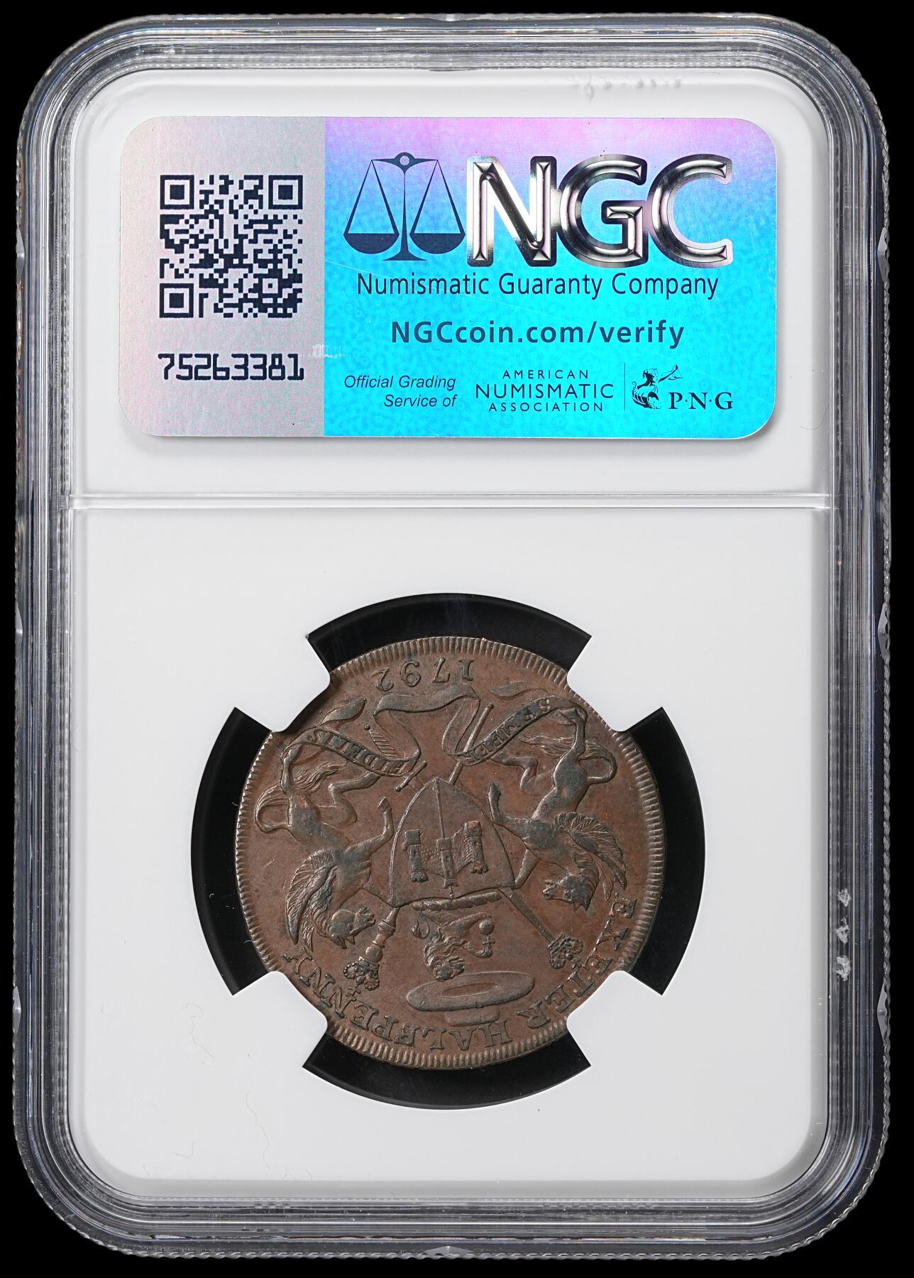 修遠堂世界钱币第六十一期 NGC AU58 1792年英国埃克塞特1/2便士代用币