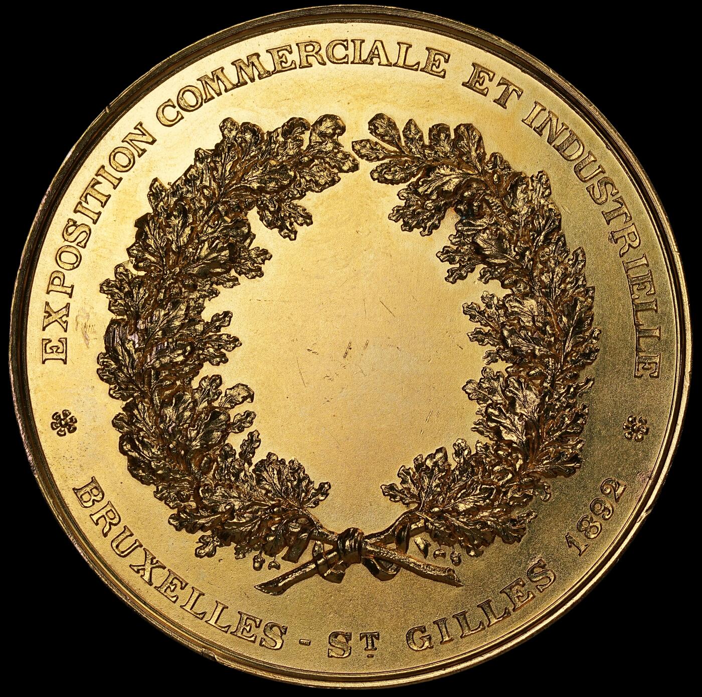 修遠堂世界钱币第六十一期 1892年比利时布鲁塞尔工业艺术展大铜章 后鎏金 70.87mm，151.44g