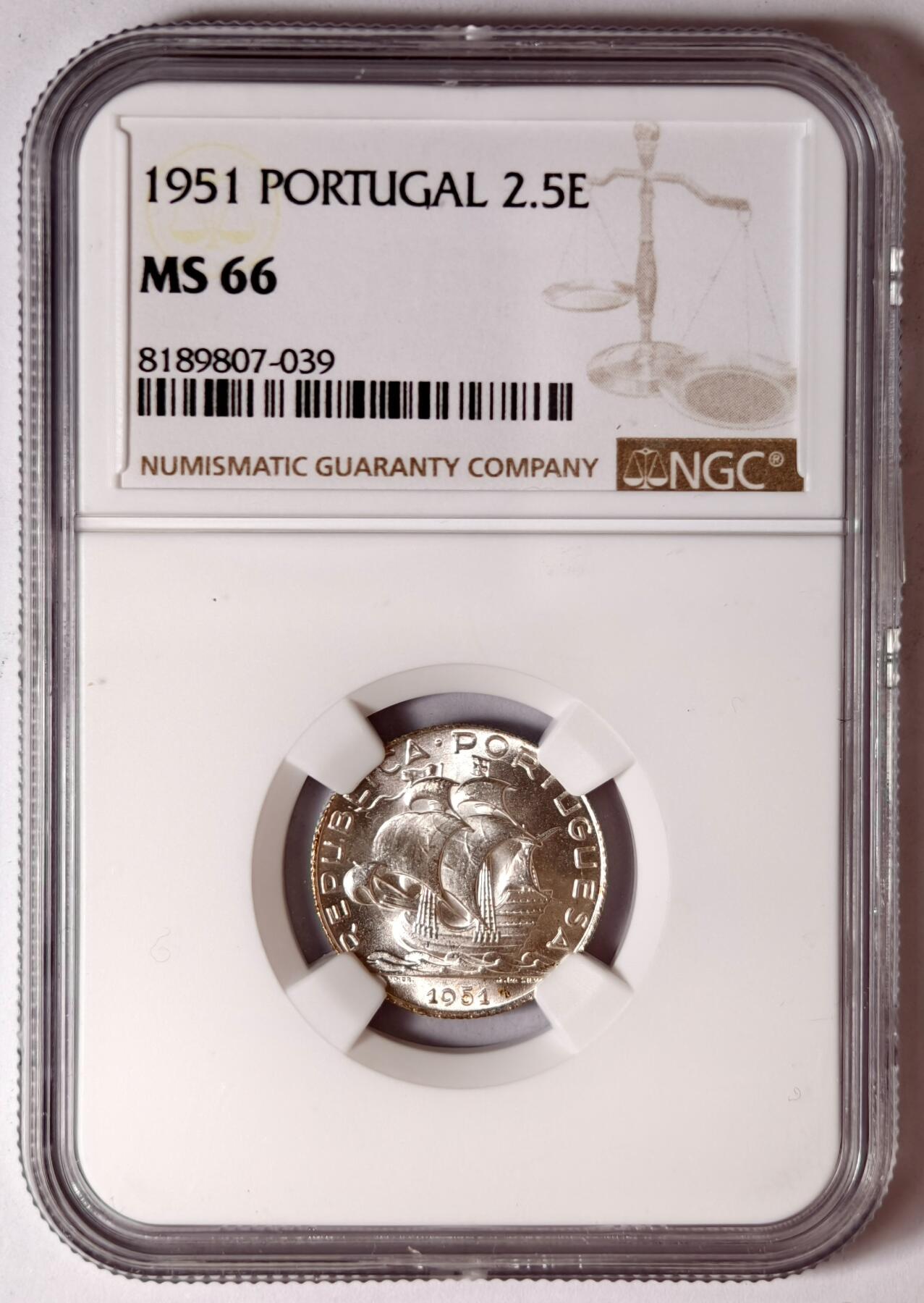 紫瑗钱币——第526期 葡萄牙 1951年 帆船 2.5埃斯库多 银币 NGC MS66