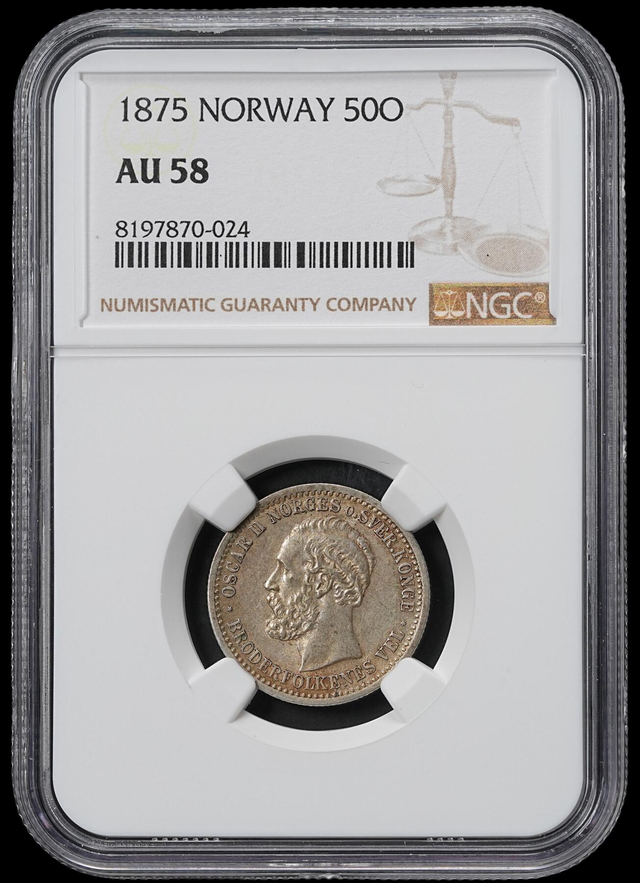 修遠堂世界钱币第六十一期 NGC AU58 1875年挪威50欧尔银币 稀少品种 SBP一枚洗过的VF品成交价520美金  亚军分 更高分仅两枚62