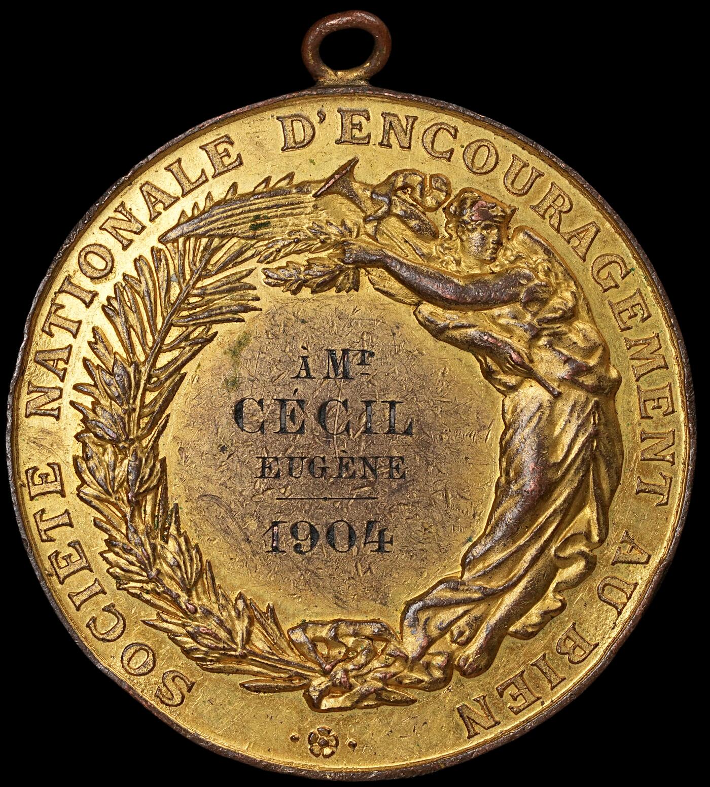修遠堂世界钱币第六十一期 1904年比利时鎏金铜章 边有些磕碰 50.65mm，58.53g