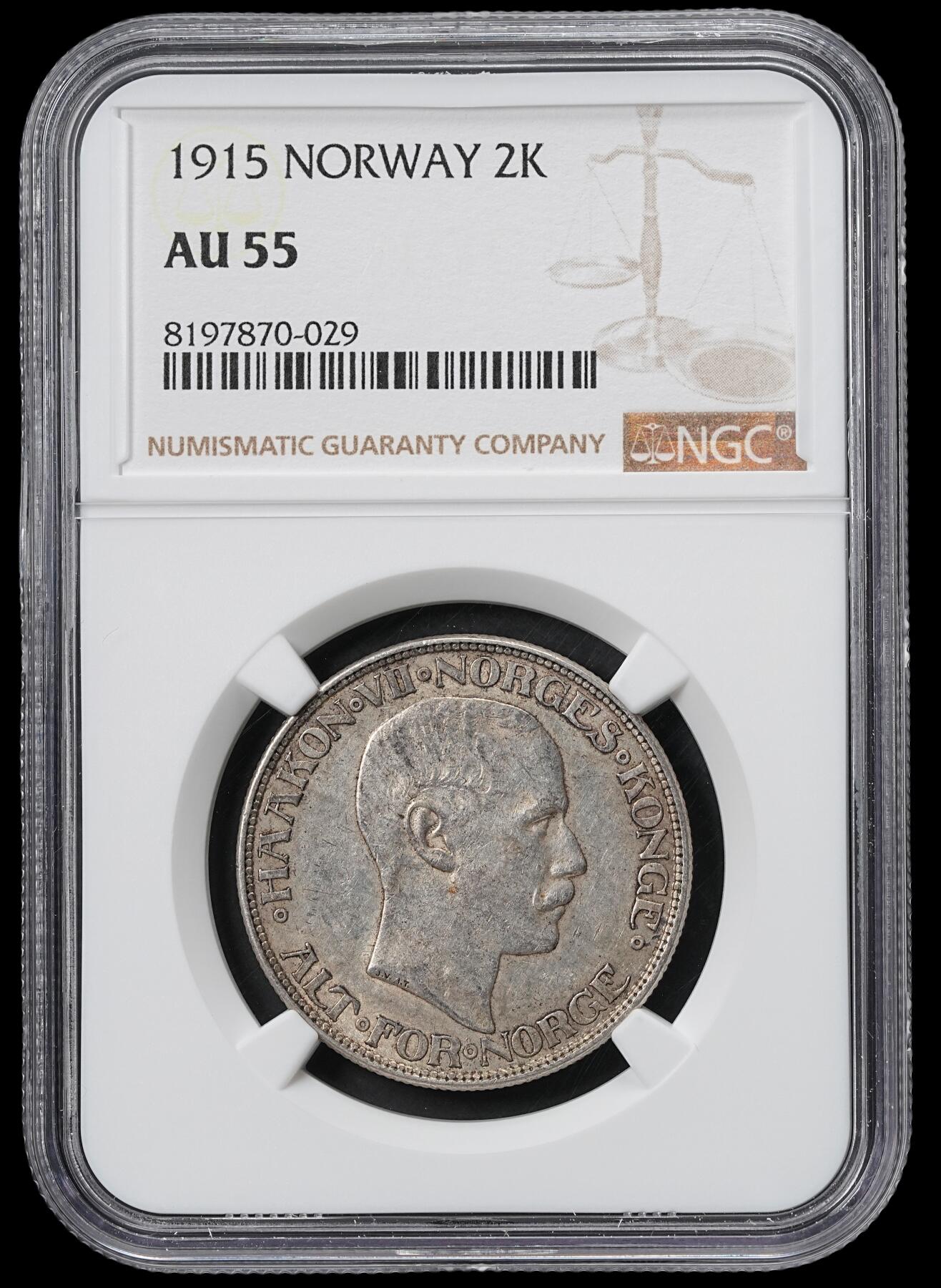 修遠堂世界钱币第六十一期 NGC AU55 1915年挪威2克朗银币