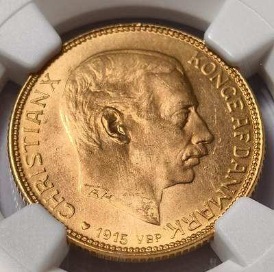 紫瑗钱币——第573期 - 丹麦 1915年 VBP版 AH 克里斯蒂安十世 丹麦国王 8.9606克 0.9金 NGC MS65