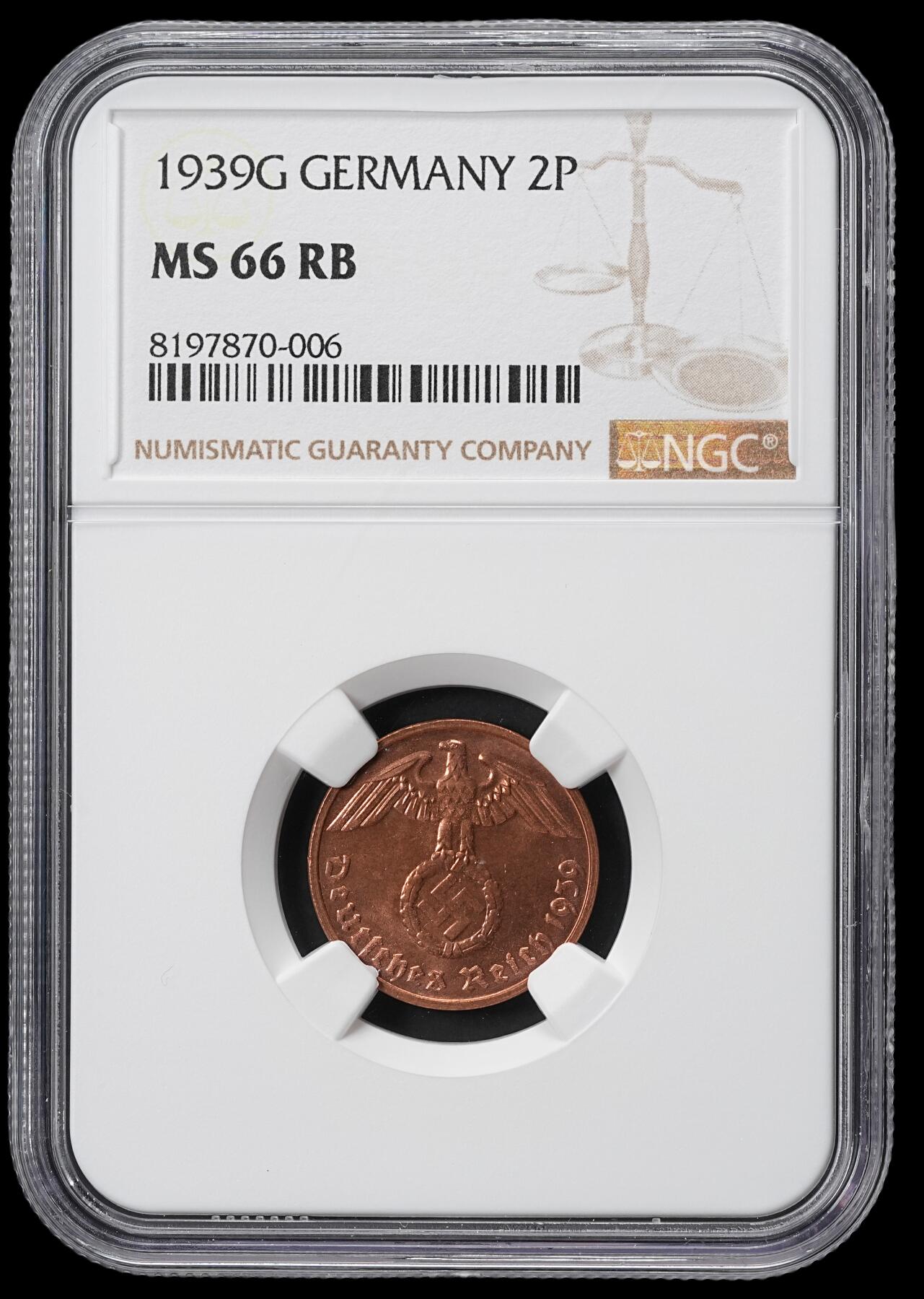 修遠堂世界钱币第六十一期 NGC MS66RB 1939年德国2芬尼铜币 G厂铭 唯一冠军分
