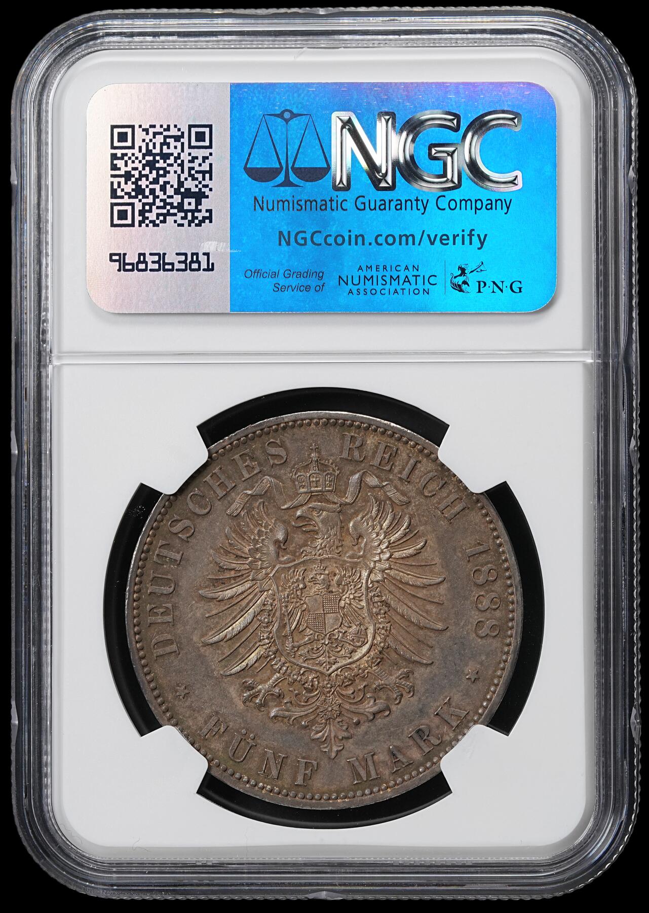 修遠堂世界钱币第六十一期 NGC MS62 1888年普鲁士腓特烈三世5马克大银币 五彩
