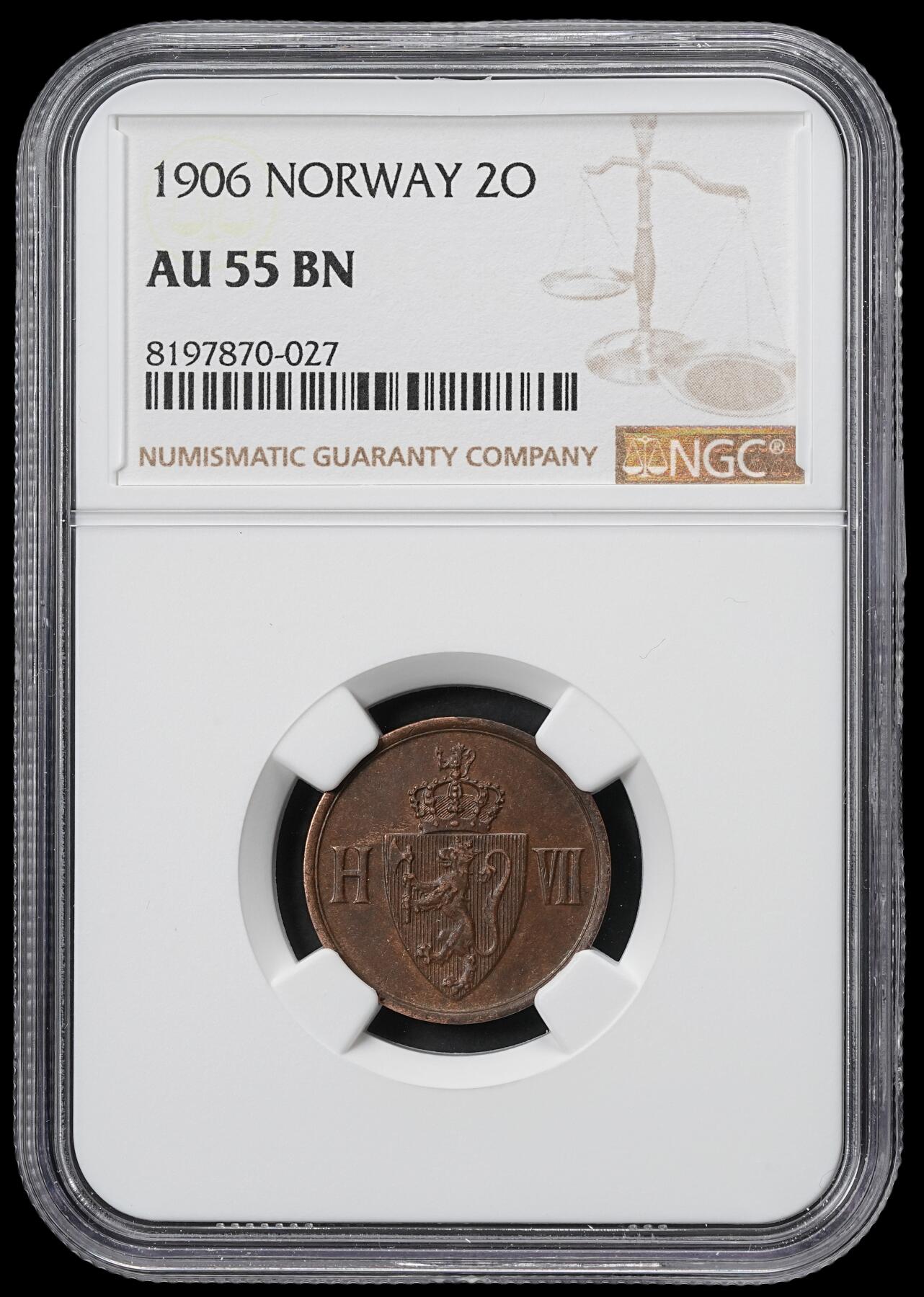 修遠堂世界钱币第六十一期 NGC AU55BN 1906年挪威2欧尔铜币 少见年份 仅50万铸造量