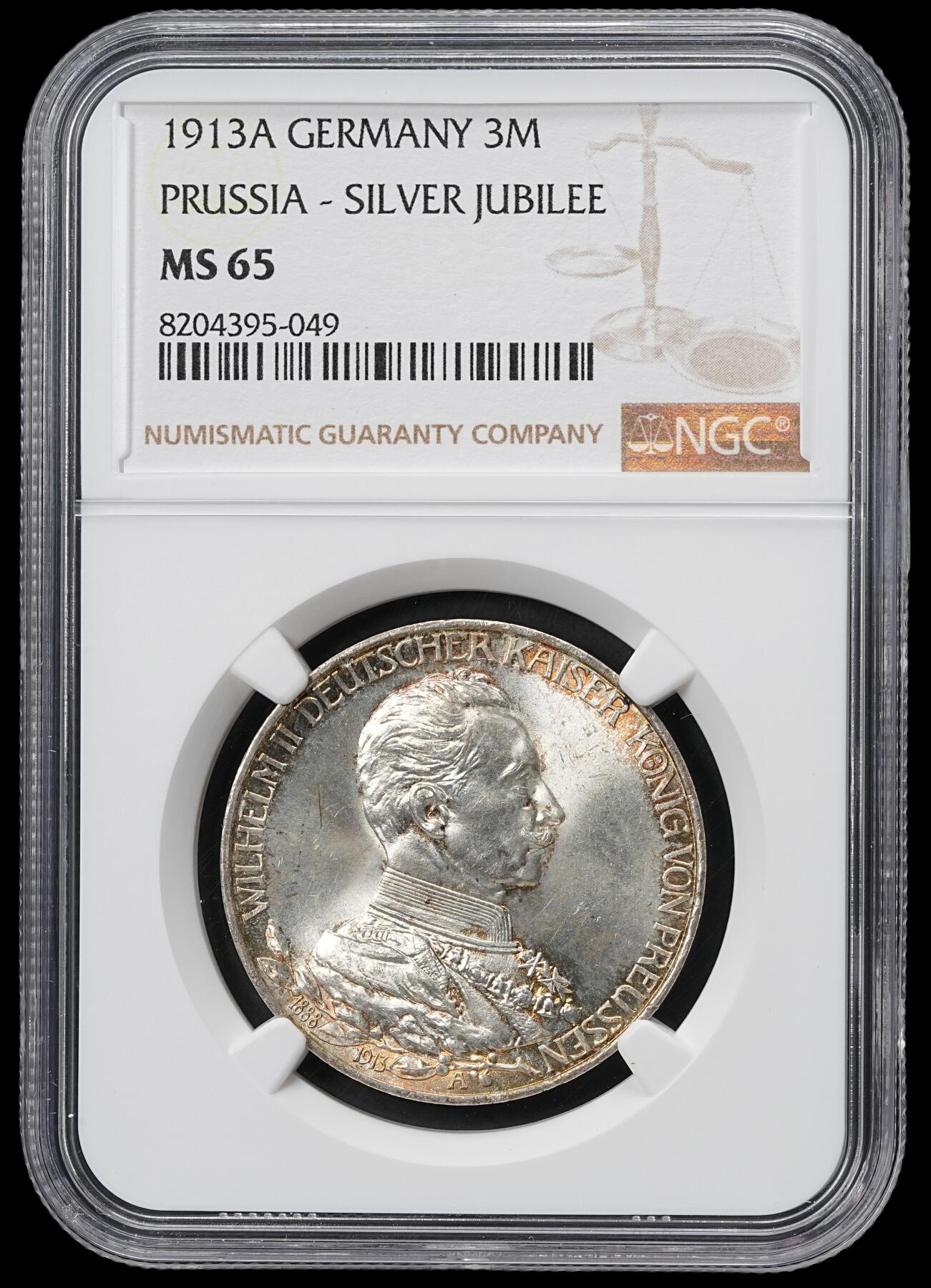 修遠堂世界钱币第六十一期 NGC MS65 1913年普鲁士威廉二世·登基25周年纪念3马克银币