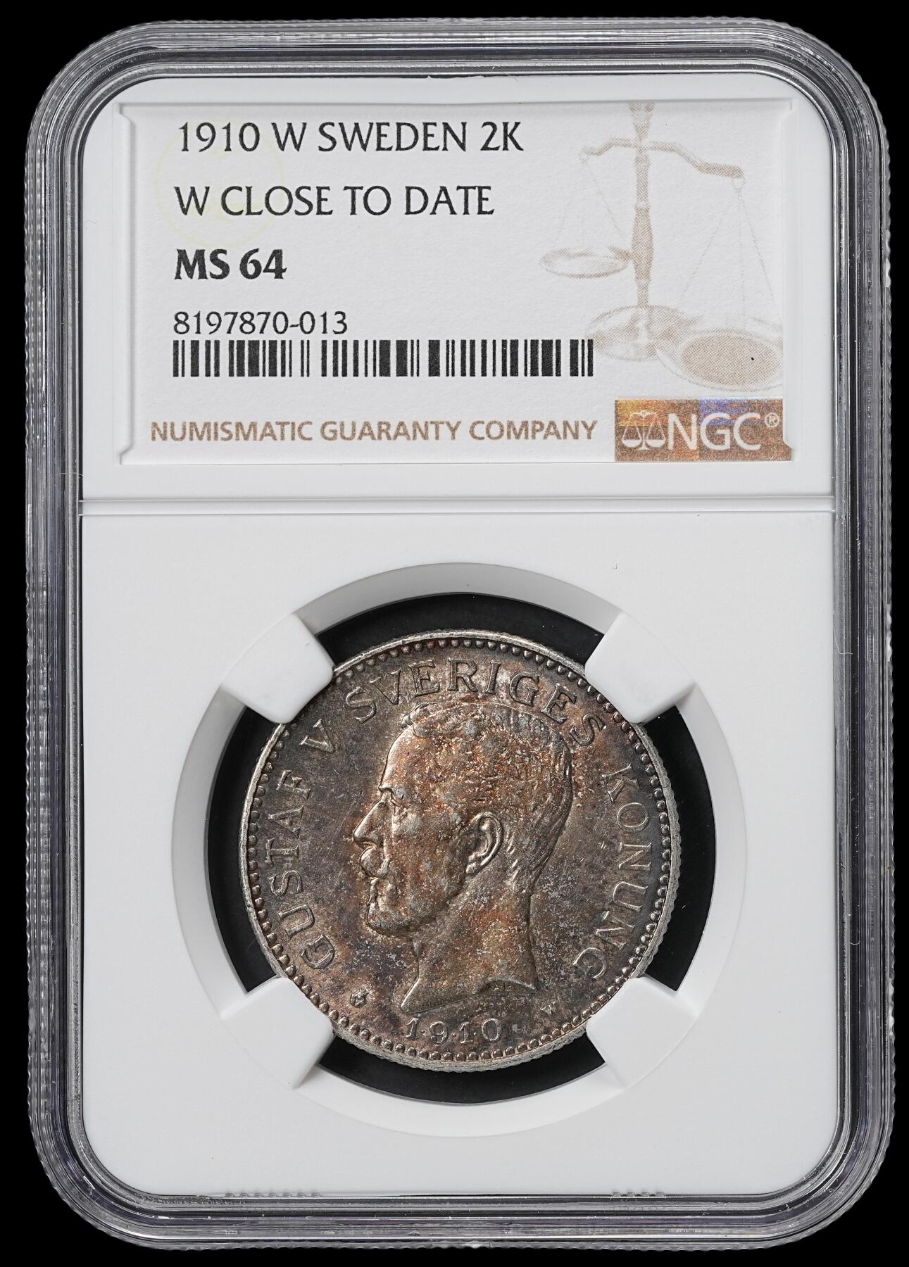 修遠堂世界钱币第六十一期 NGC MS64 1910年瑞典2克朗银币 通体重包浆 古斯塔夫五世头像首年份 较少见