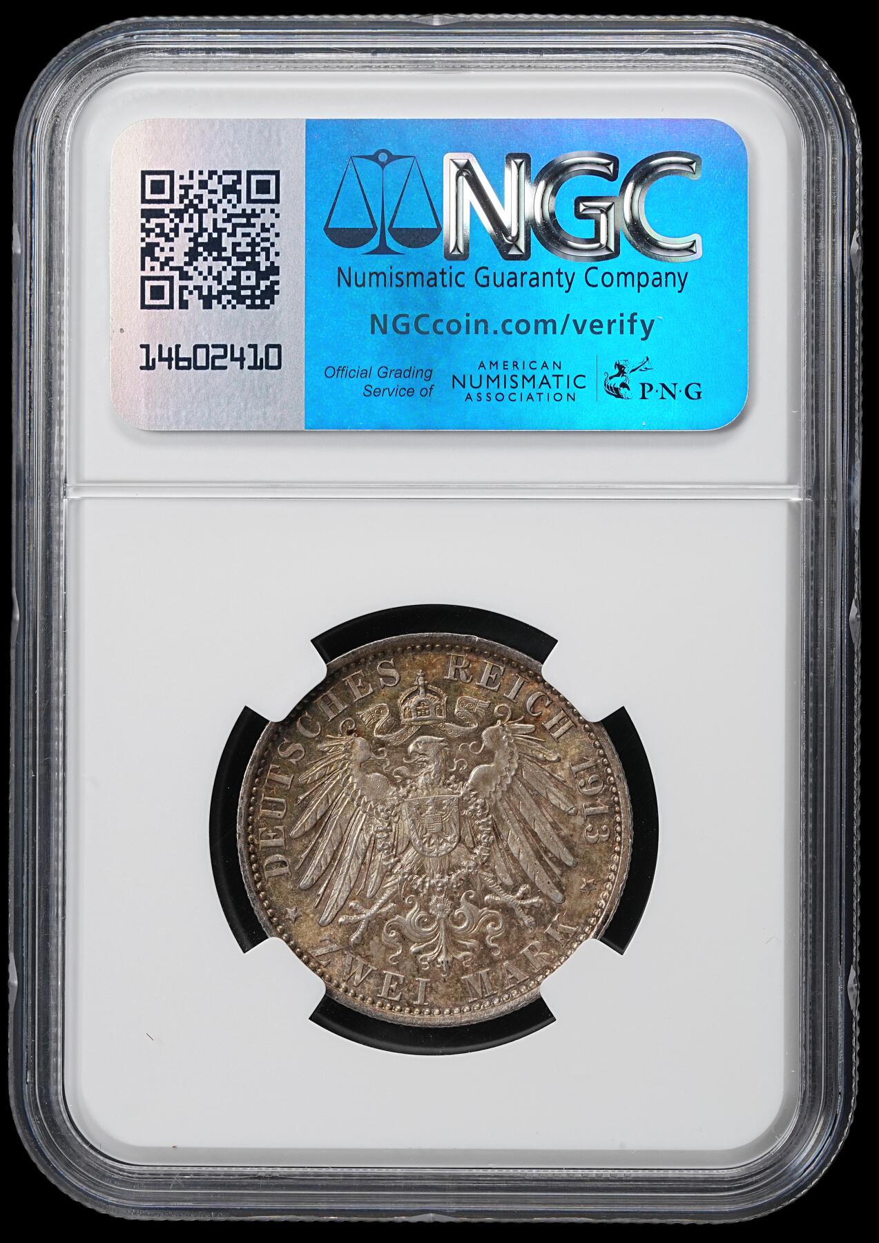 修遠堂世界钱币第六十一期 NGC MS65 1913年普鲁士威廉二世登基25周年纪念2马克银币 五彩