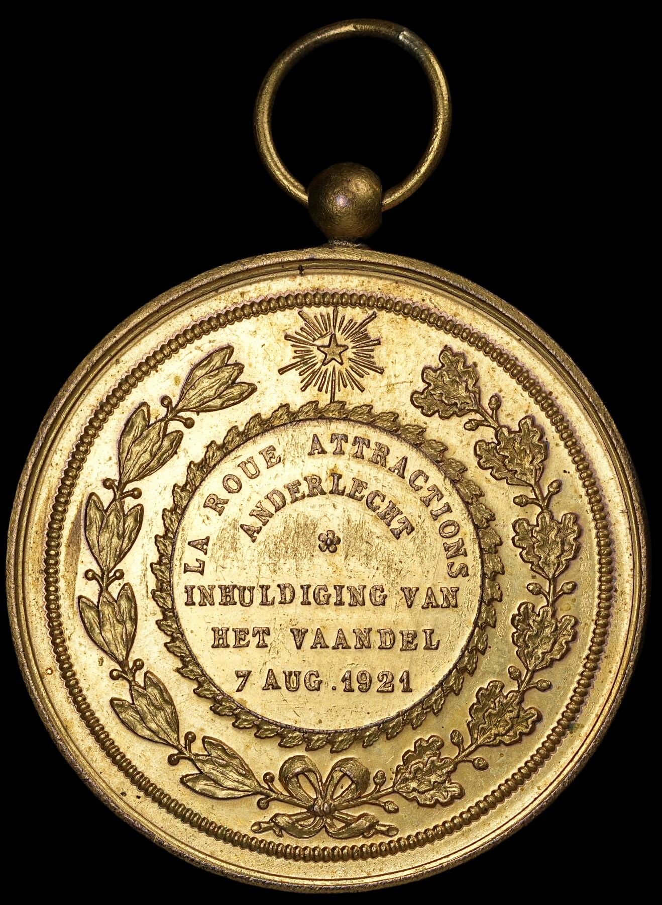 修遠堂世界钱币第六十一期 1921年比利时鎏金铜章 52mm，52.80g