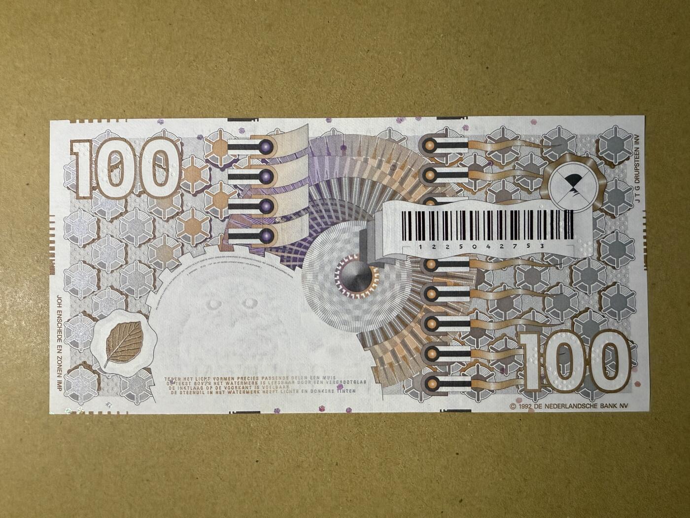 《艾美收藏》第191期-周日名誉品盛宴 荷兰100盾 UNC 1992年 齿轮版