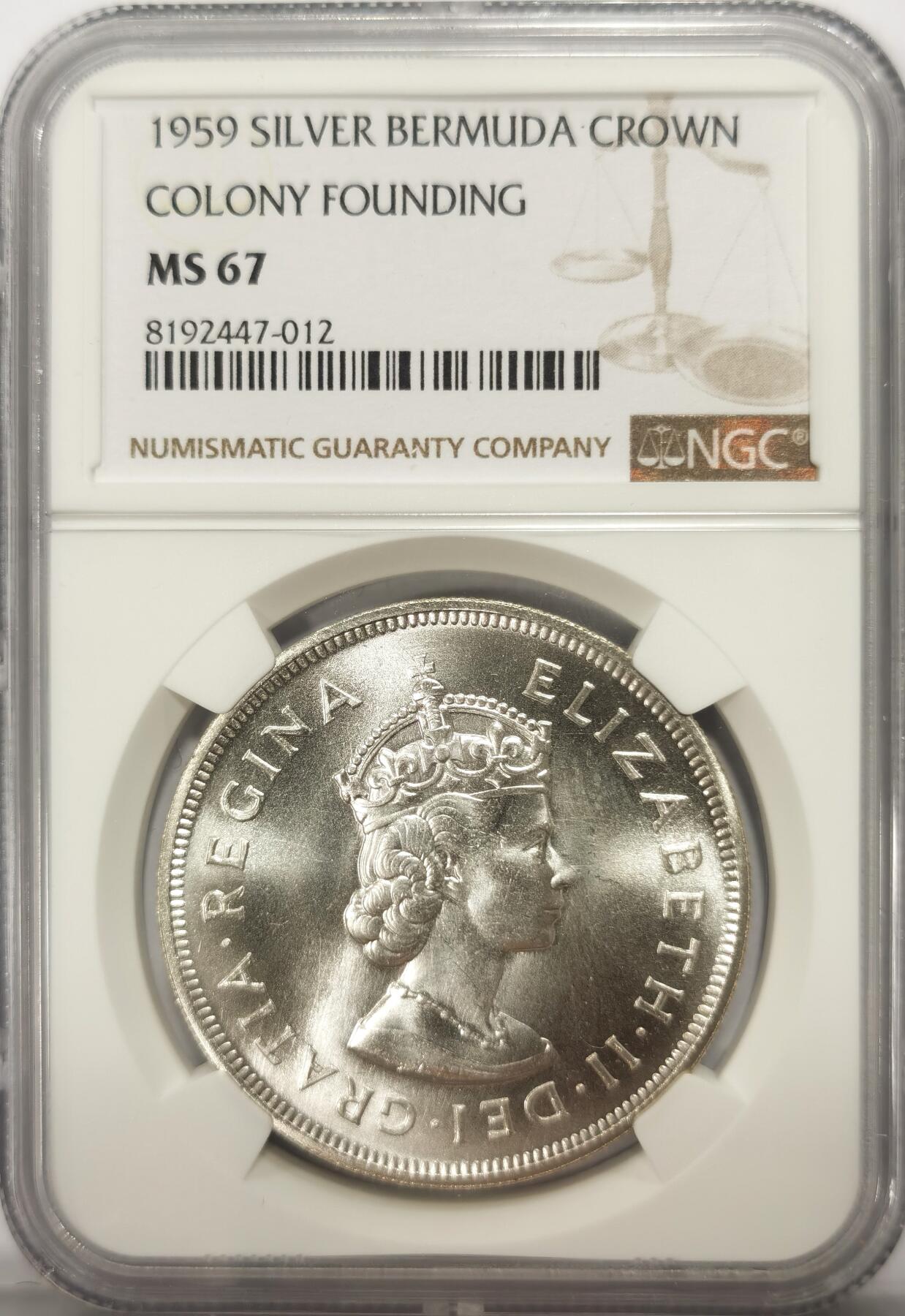 博洋堂世界钱币拍卖第114期（全场包邮） NGC MS67 英属百慕大1959年伊丽莎白二世1克朗银币，发现百慕大350周年纪念，极品高分