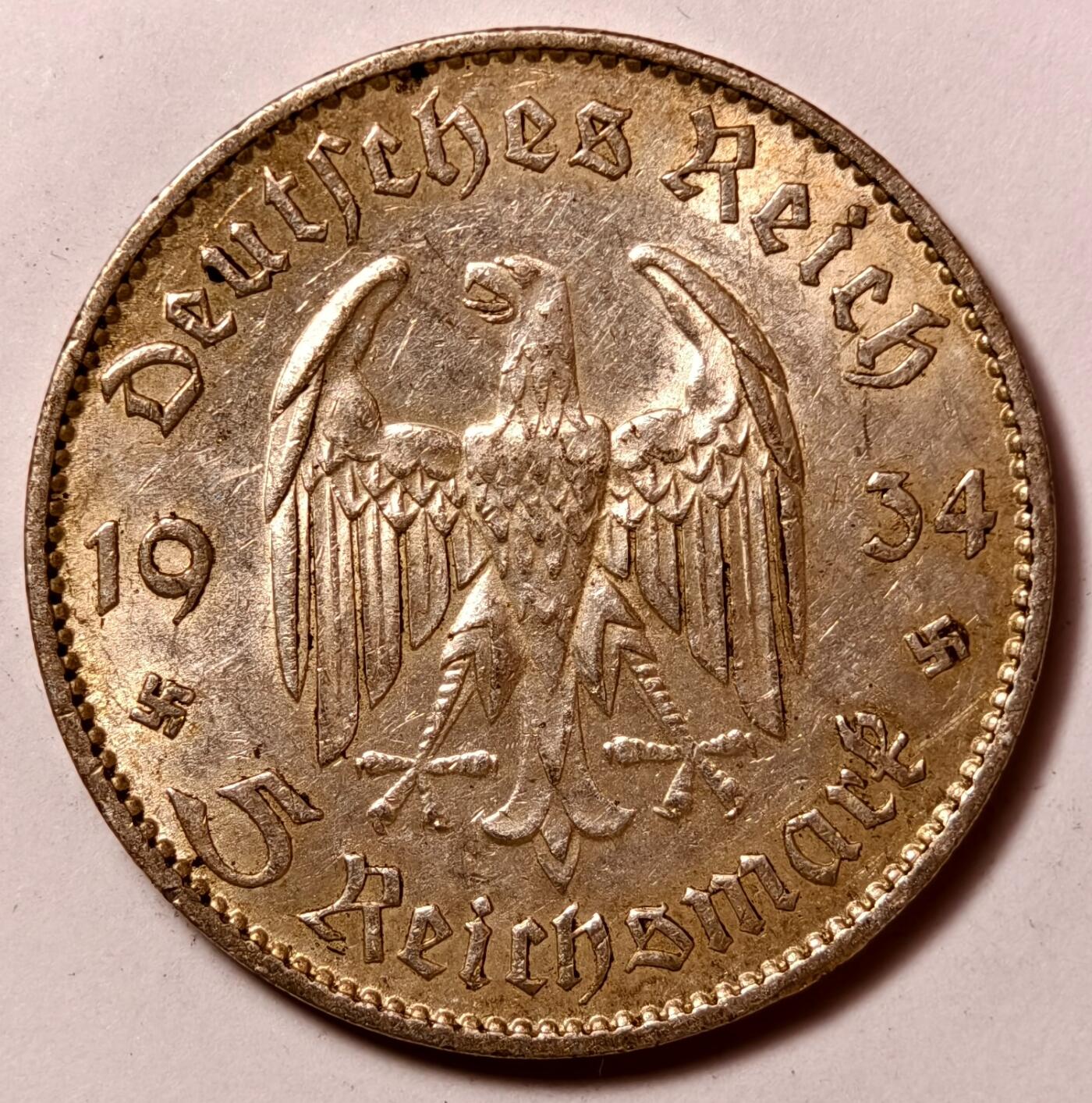 紫瑗钱币——第526期 德国 1934年 F版 波茨坦教堂 5马克 13.9克 0.9银