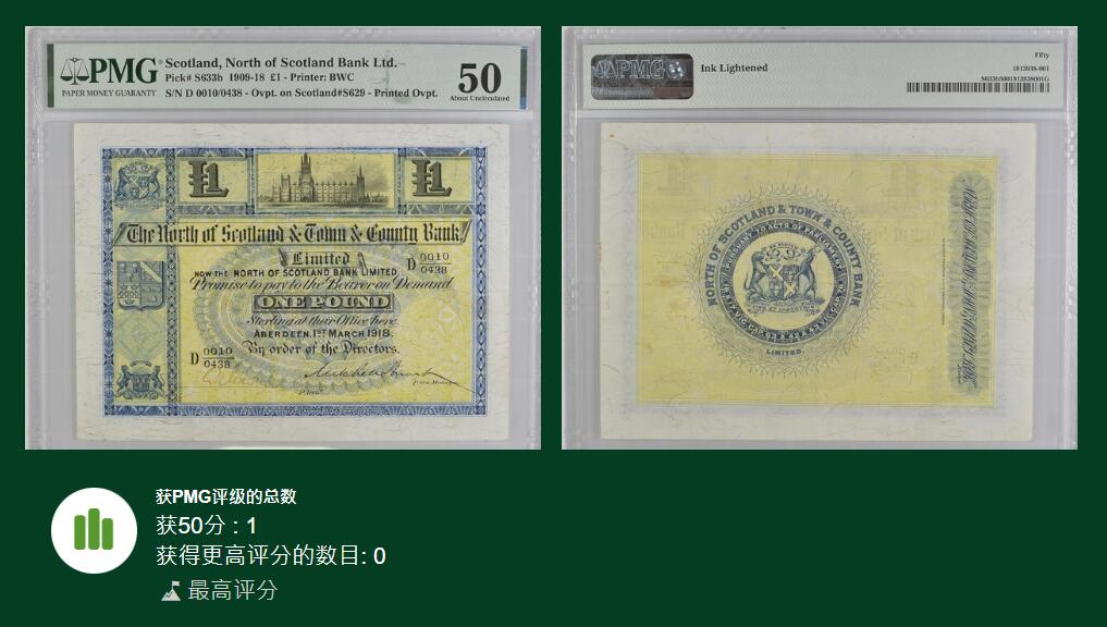 《艾美收藏》第191期-周日名誉品盛宴 北苏格兰城镇银行1918年1镑PMG50尾8 唯一冠军分 超少见版本 大票幅 Pick#S633b