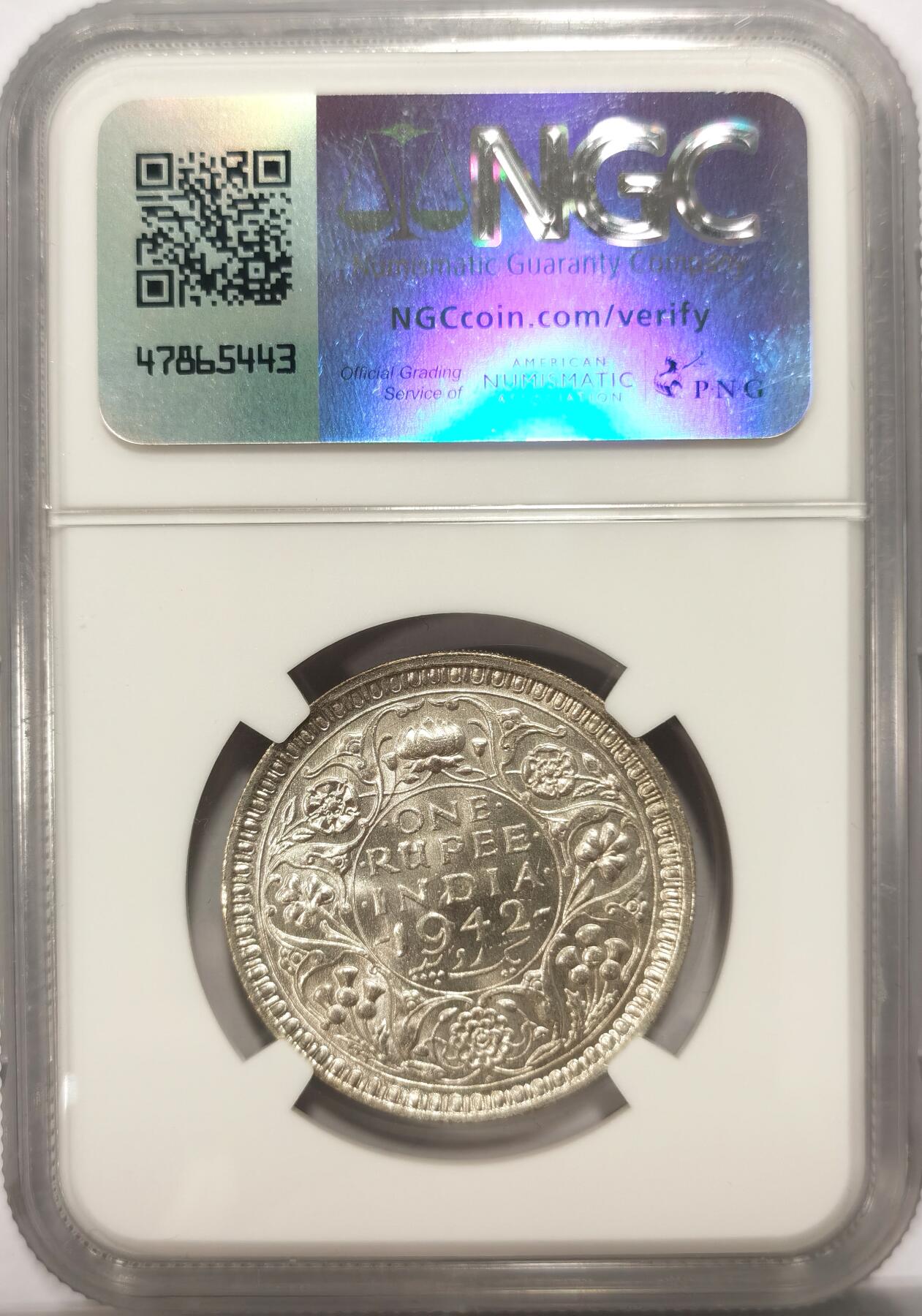 博洋堂世界钱币拍卖第114期（全场包邮） NGC MS63 英属印度1942年B版乔治六世1卢比银币，BU原卷