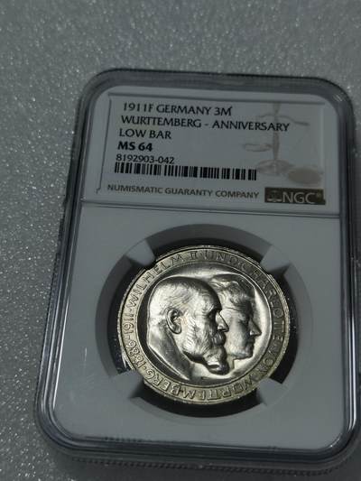 天下钱庄专场欢迎参拍 - NGC MS64 德国符腾堡银婚3马克银币