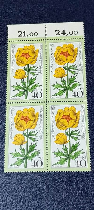 德国邮票专场，都是四方联 - 德国邮票四方连，1975年发行，高山鲜花，品相如图