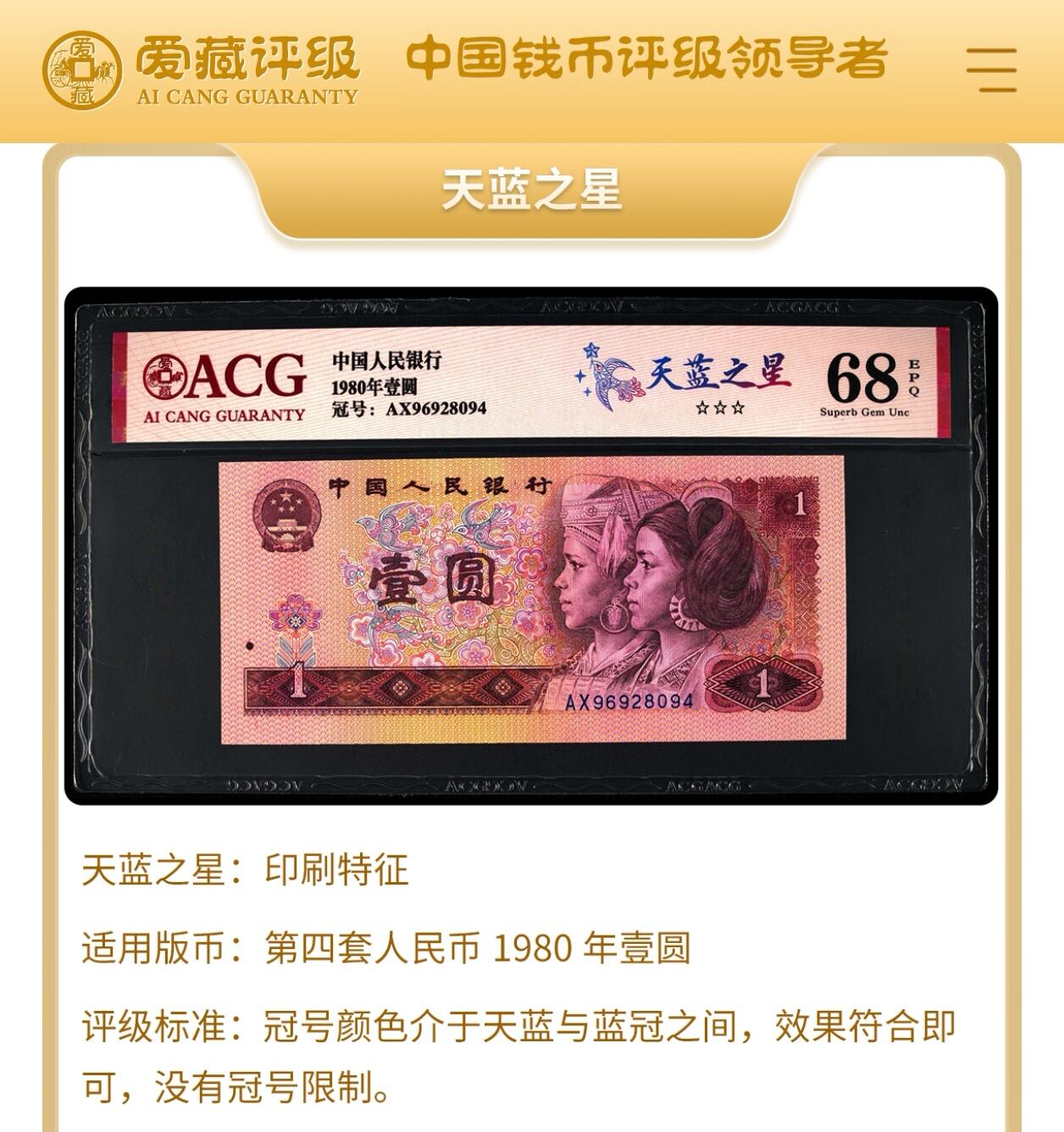1980年壹圆AX冠天蓝之星，爱藏严评66E！天蓝之星·霸王花双标合一，号码全程无7，三星无斑，带天蓝之星个性标，多拍合邮，按图发货！