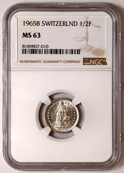 紫瑗钱币——第575期 - 瑞士 1965年 B版 赫尔维蒂亚 1/2法郎 银币 NGC MS63