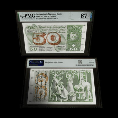 瑞士1969年版50法郎冠军分，大票幅，背面为苹果园，该版本的设计还是非常独特的 - 瑞士1969年版50法郎冠军分，大票幅，背面为苹果园，该版本的设计还是非常独特的