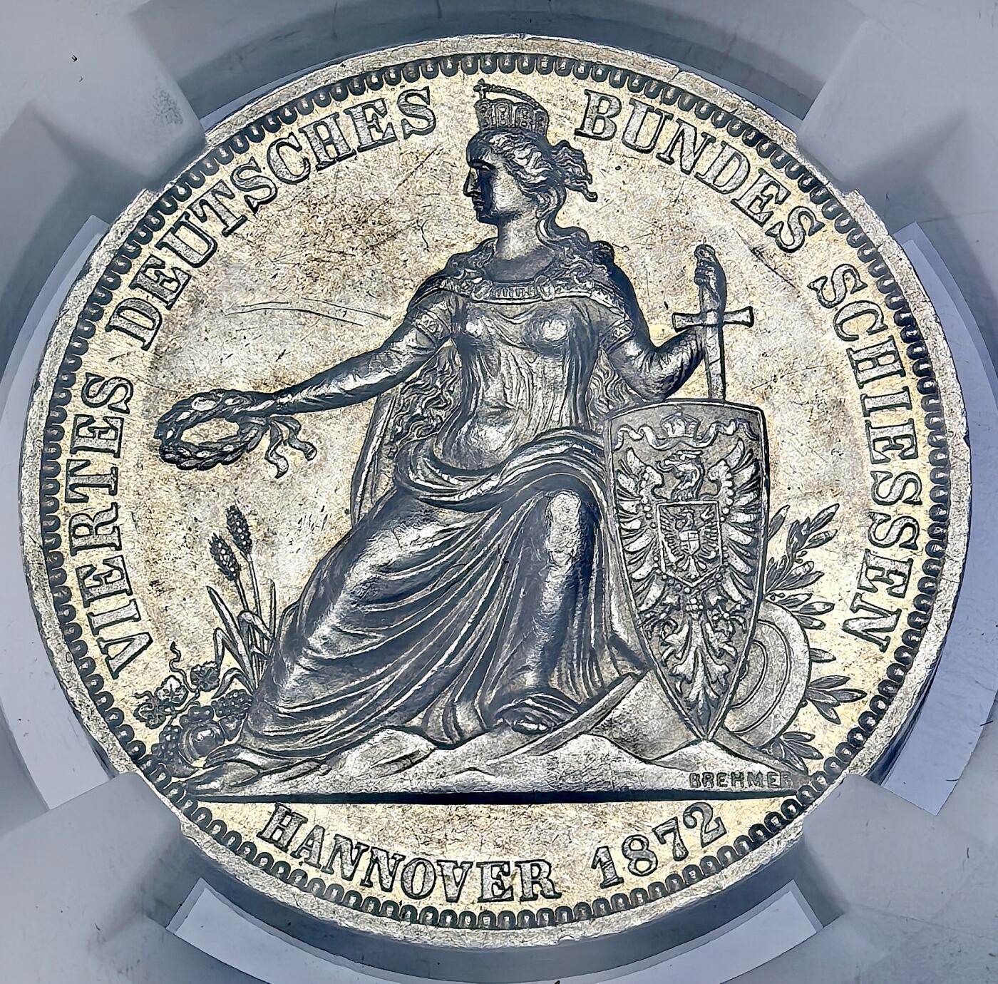 凡希社世界钱币微拍第二百九十九期 荐！1872德国汉诺威女武神泰勒银币NGC-MS62，稀有品种！