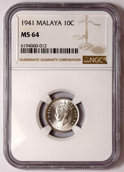 紫瑗钱币——第575期 - 马来亚 1941年 乔治六世 10分 银币 NGC MS64