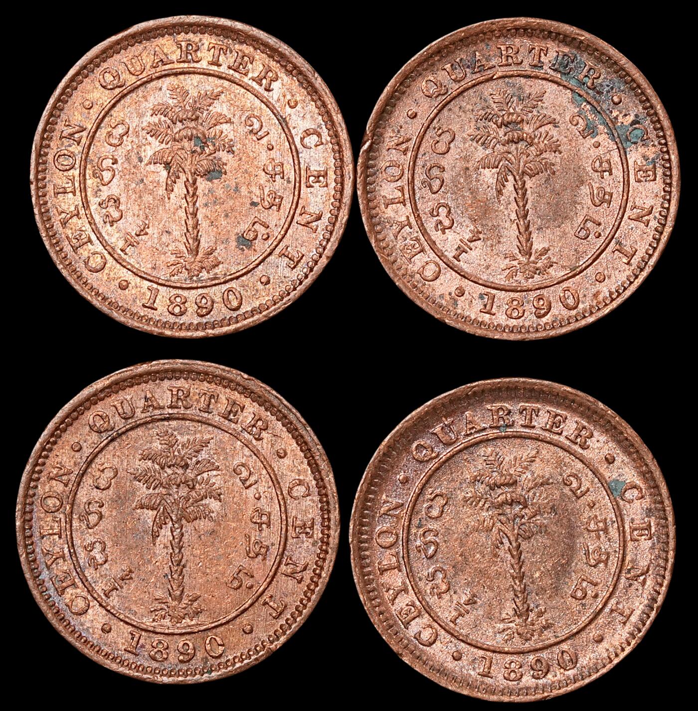 修遠堂世界钱币第六十一期 原卷出 1890年英属锡兰1/4分铜币4枚 完全未流通 带有轻微锈斑 第一组
