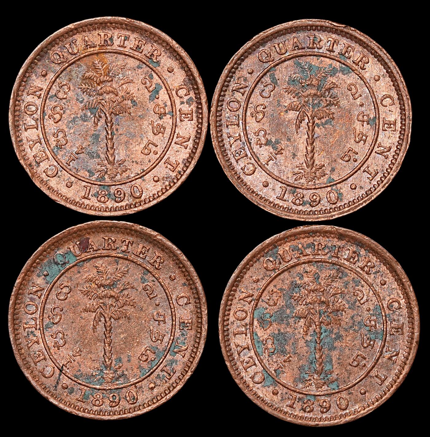 修遠堂世界钱币第六十一期 原卷出 1890年英属锡兰1/4分铜币4枚 完全未流通 带有轻微锈斑 第二组