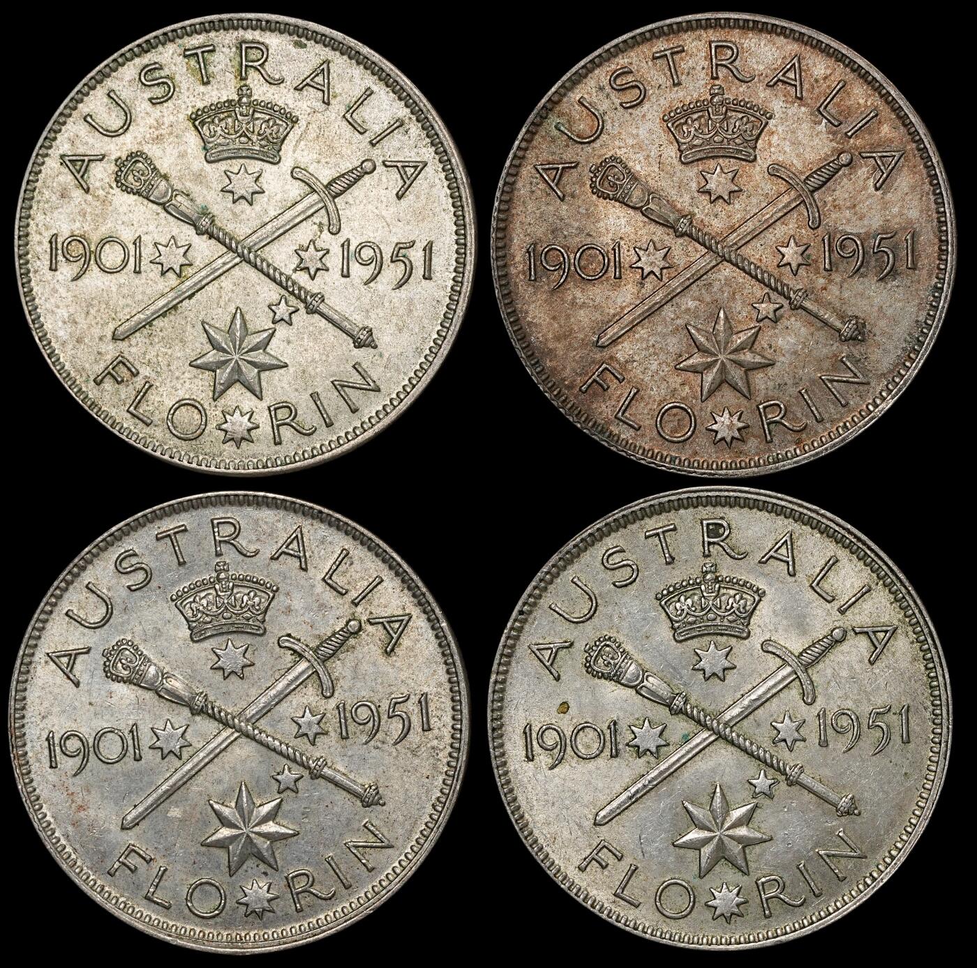 修遠堂世界钱币第六十一期 1951年澳大利亚联邦50周年纪念1佛罗林银币4枚 每枚重11.31g  未流通品  第二组