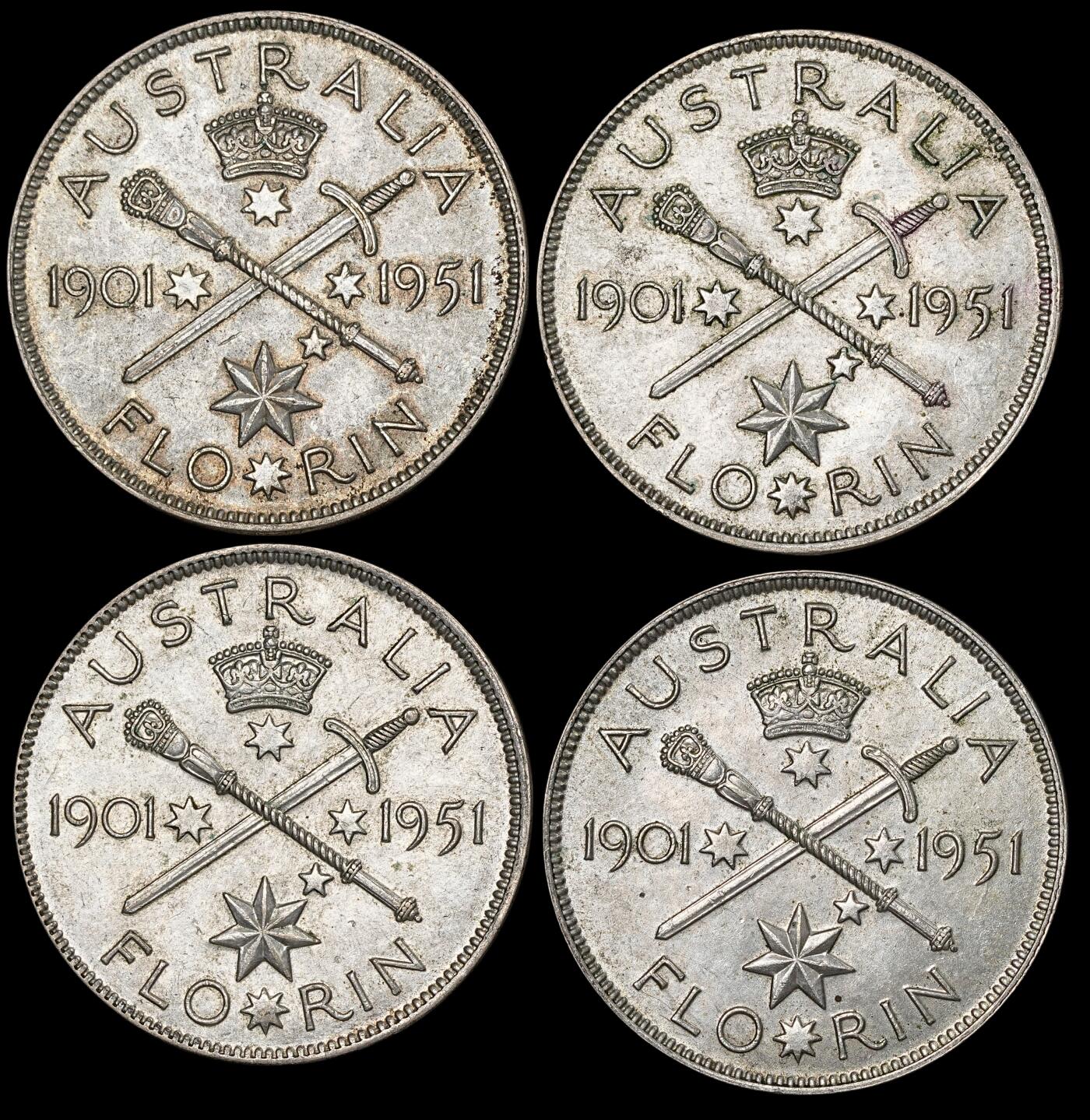 修遠堂世界钱币第六十一期 1951年澳大利亚联邦50周年纪念1佛罗林银币4枚 每枚重11.31g  未流通品  第一组