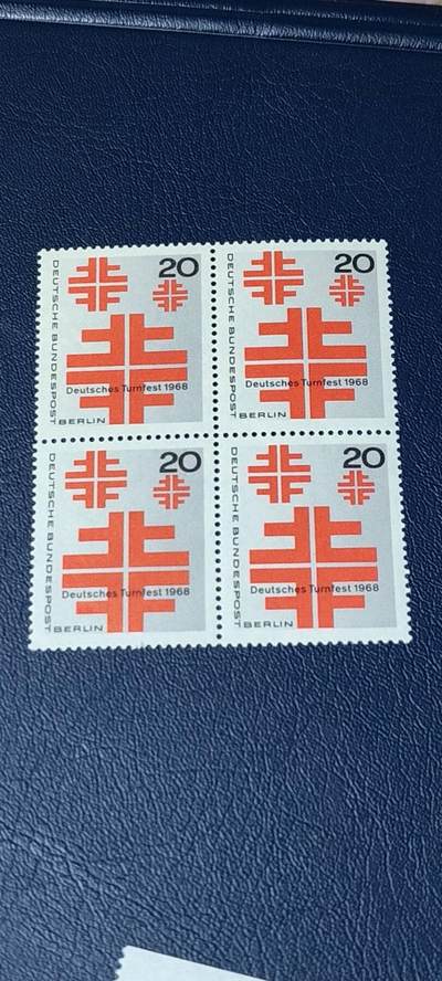 德国邮票专场，都是四方联 - 德国邮票四方连，1968年发行，柏林体操节徽志，品相如图