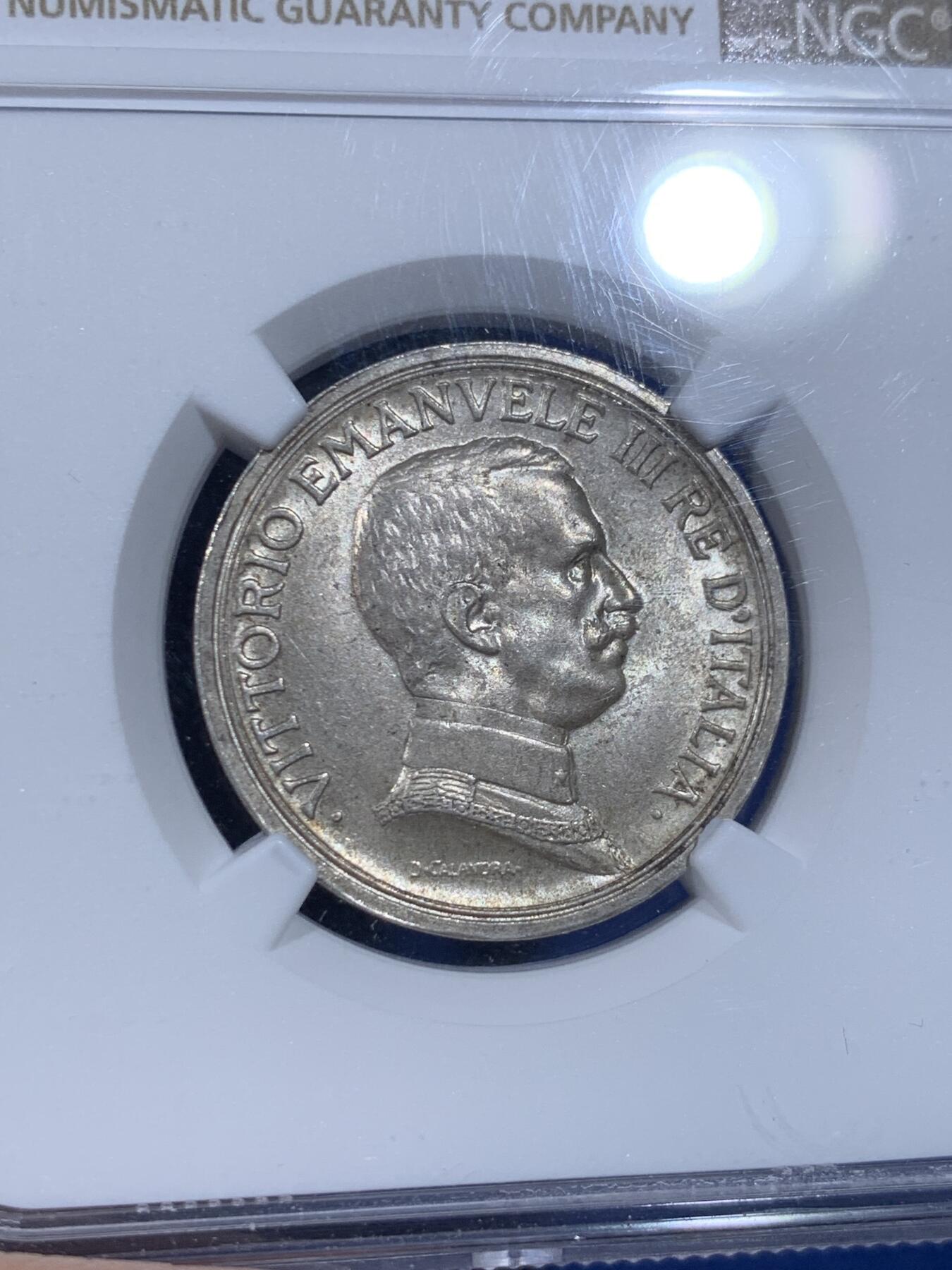 《竞宝斋》第362场 周日，周一，周二  3场连拍 （全场包邮） NGC MS64 意大利1914年马车2里拉银币，淡淡包浆，早期年份，细节好