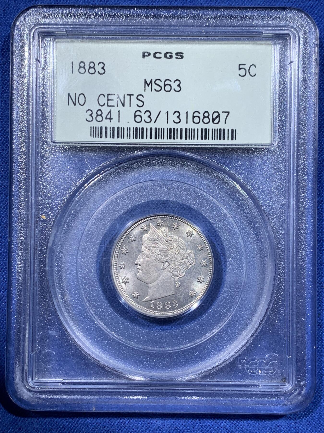 《竞宝斋》第362场 周日，周一，周二  3场连拍 （全场包邮） PCGS MS63 美国1883年5美分镍币 早期美评壳子 经典自由女神像 早期稀少无SENTS版 后期收回销毁众多 好品难寻