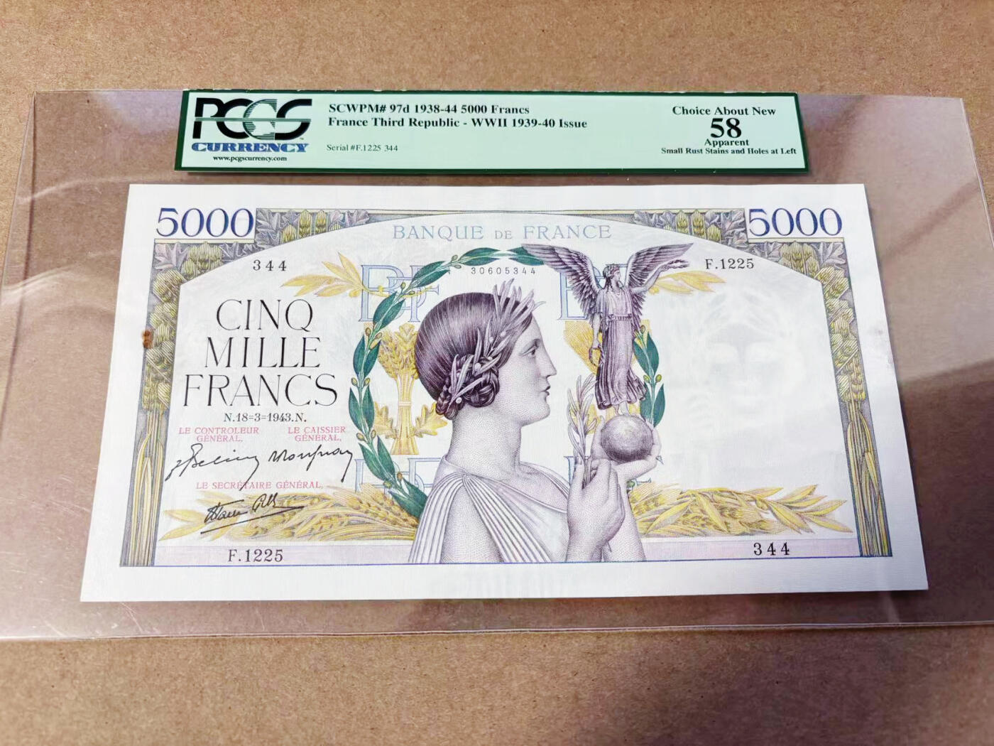 【Blue Auction】世界纸币精拍第634期【精】——16级TOP拍卖/信誉/品质/专业/高效💫 法国 1943年5000法郎 胜利女神 PCGS58 绿标 超大票幅 设计精美 