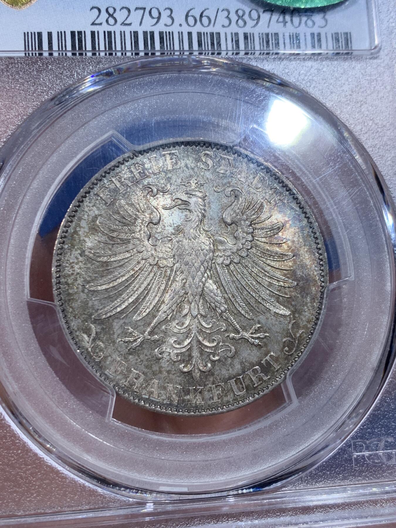 《竞宝斋》第362场 周日，周一，周二  3场连拍 （全场包邮） 亚军分 PCGS MS66 德国法兰克福1859年冠鹰1古尔登银币 少见