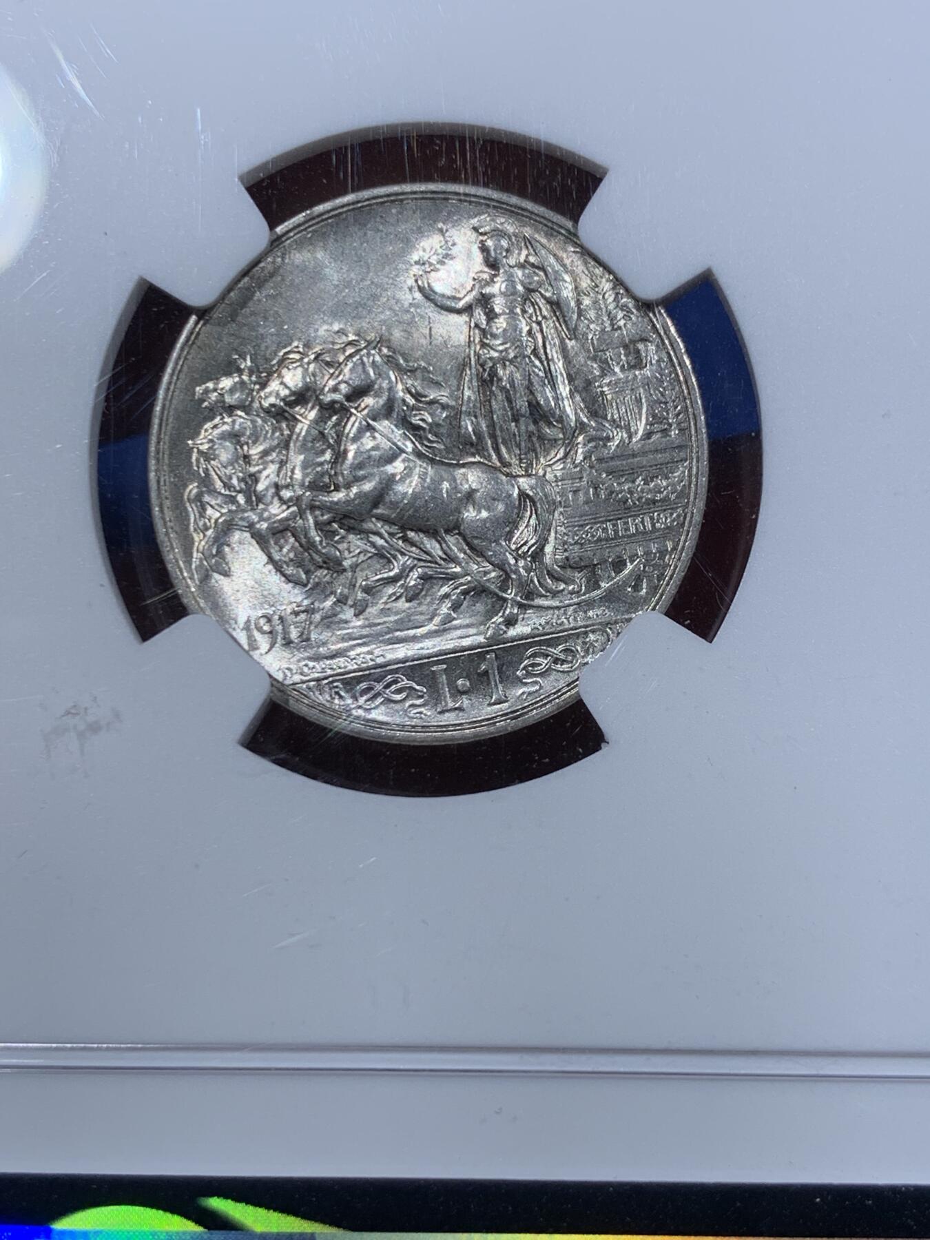 《竞宝斋》第362场 周日，周一，周二  3场连拍 （全场包邮） NGC MS62 意大利1917年马车1里拉银币