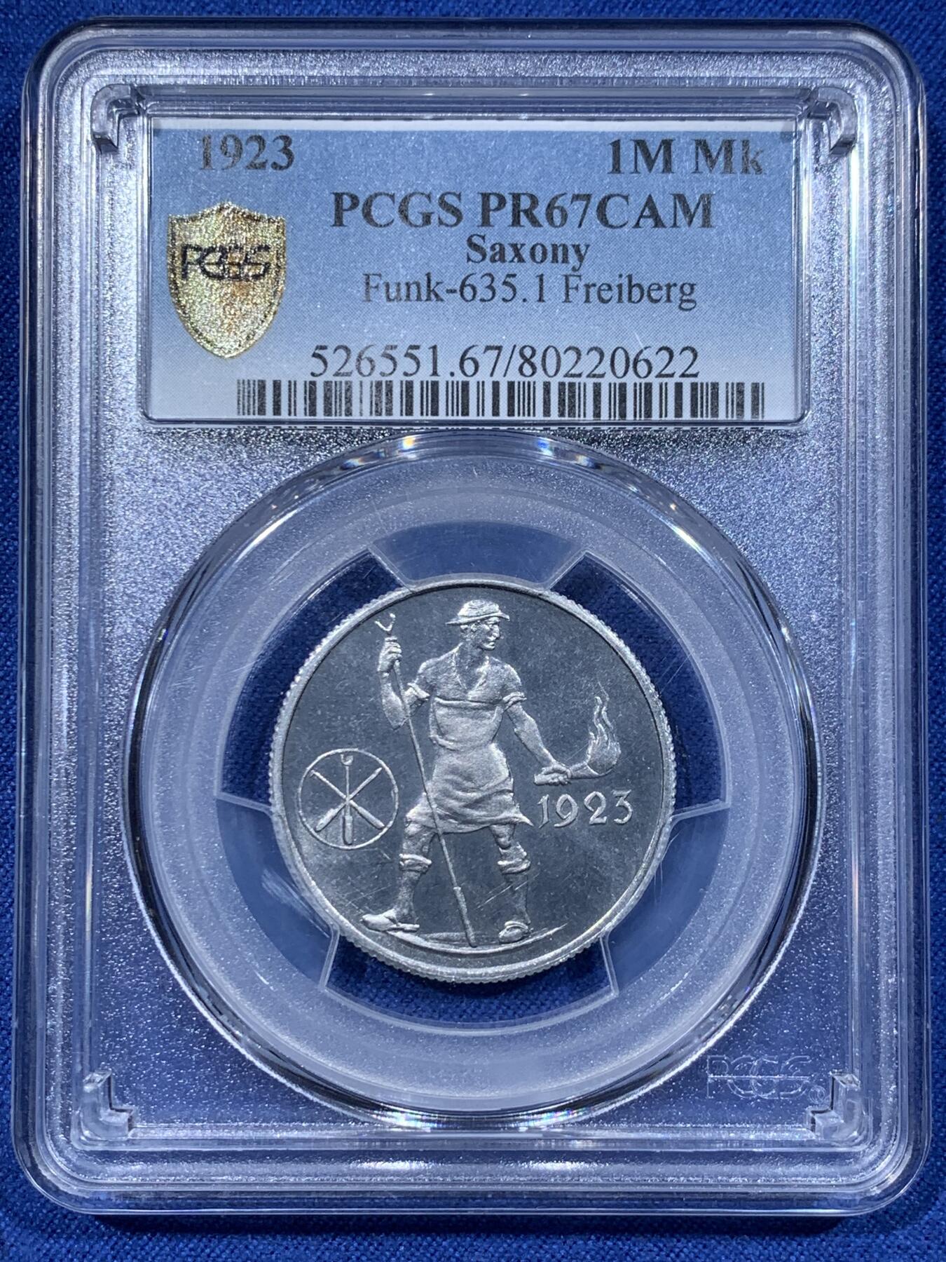 《竞宝斋》第362场 周日，周一，周二  3场连拍 （全场包邮） PCGS PR67CAM 德国1923年德紧弗莱堡火把男1百万马克精致铝币
