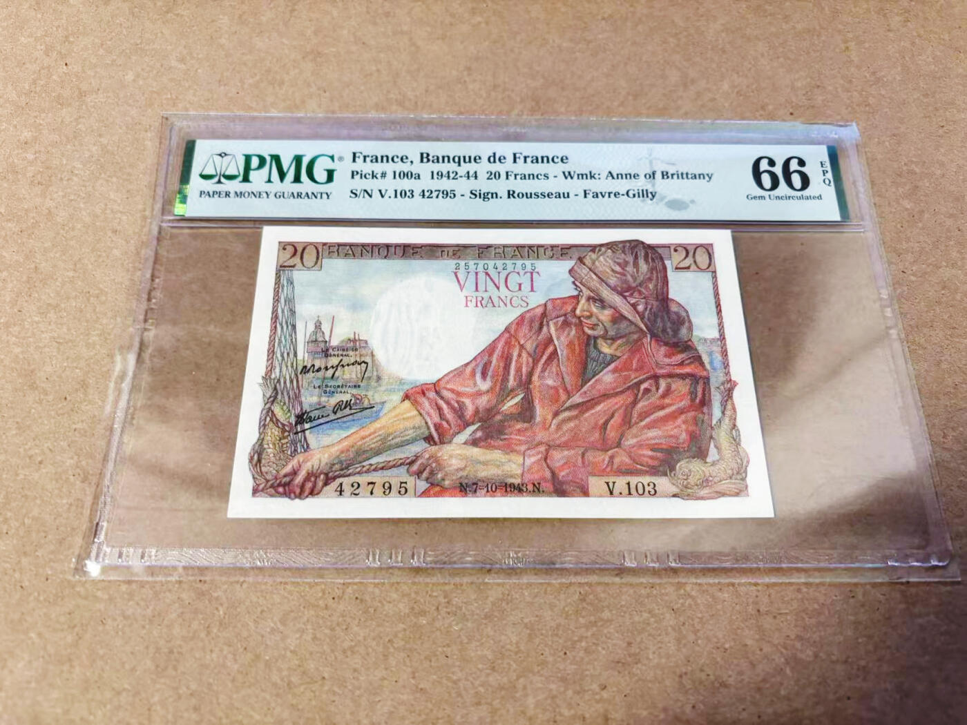 【Blue Auction】世界纸币精拍第634期【精】——16级TOP拍卖/信誉/品质/专业/高效💫 法国1943年20法郎 PMG66EPQ  