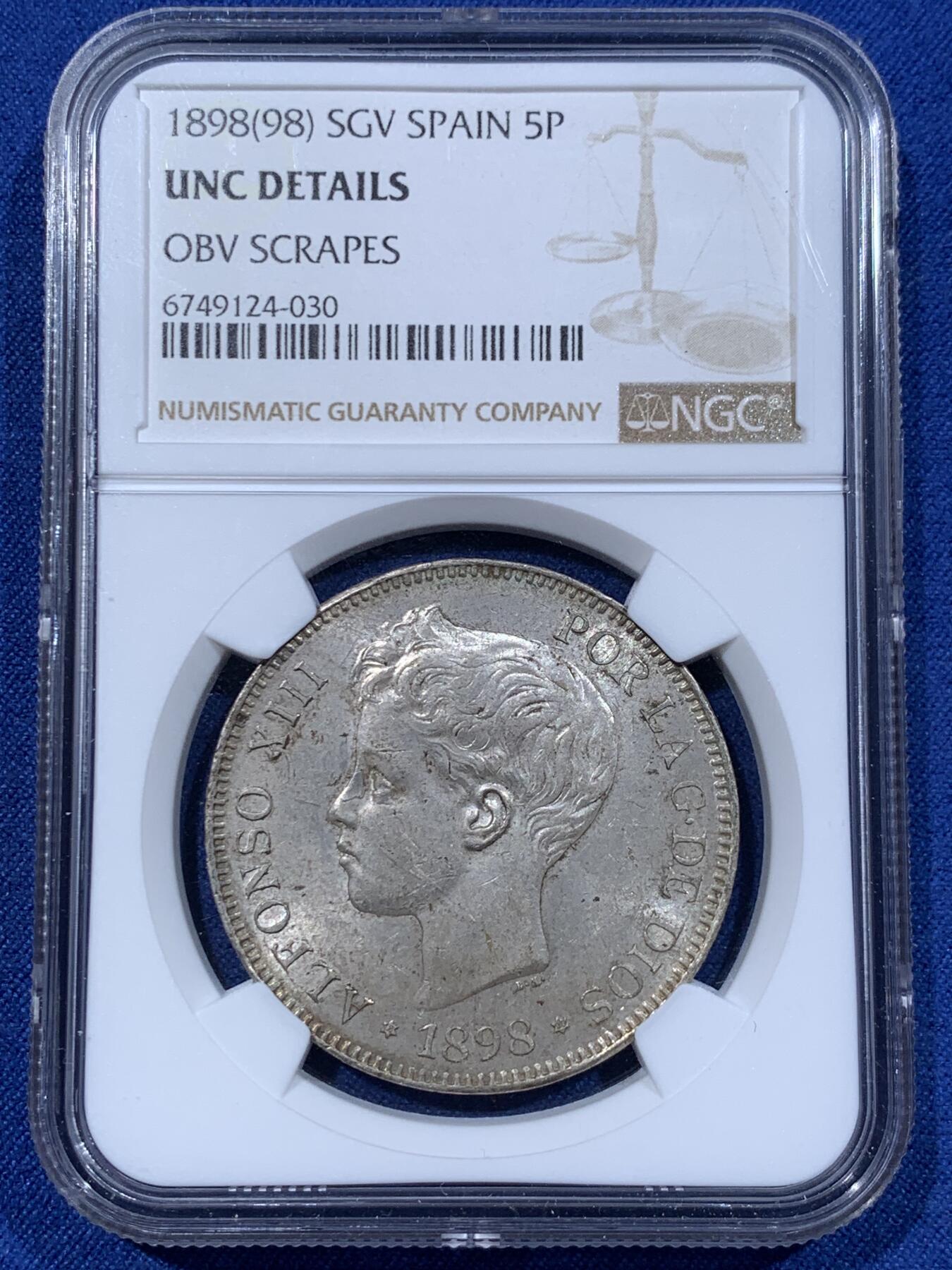 《竞宝斋》第362场 周日，周一，周二  3场连拍 （全场包邮） NGC UNC 西班牙1898年小孩头双柱5比塞塔银币