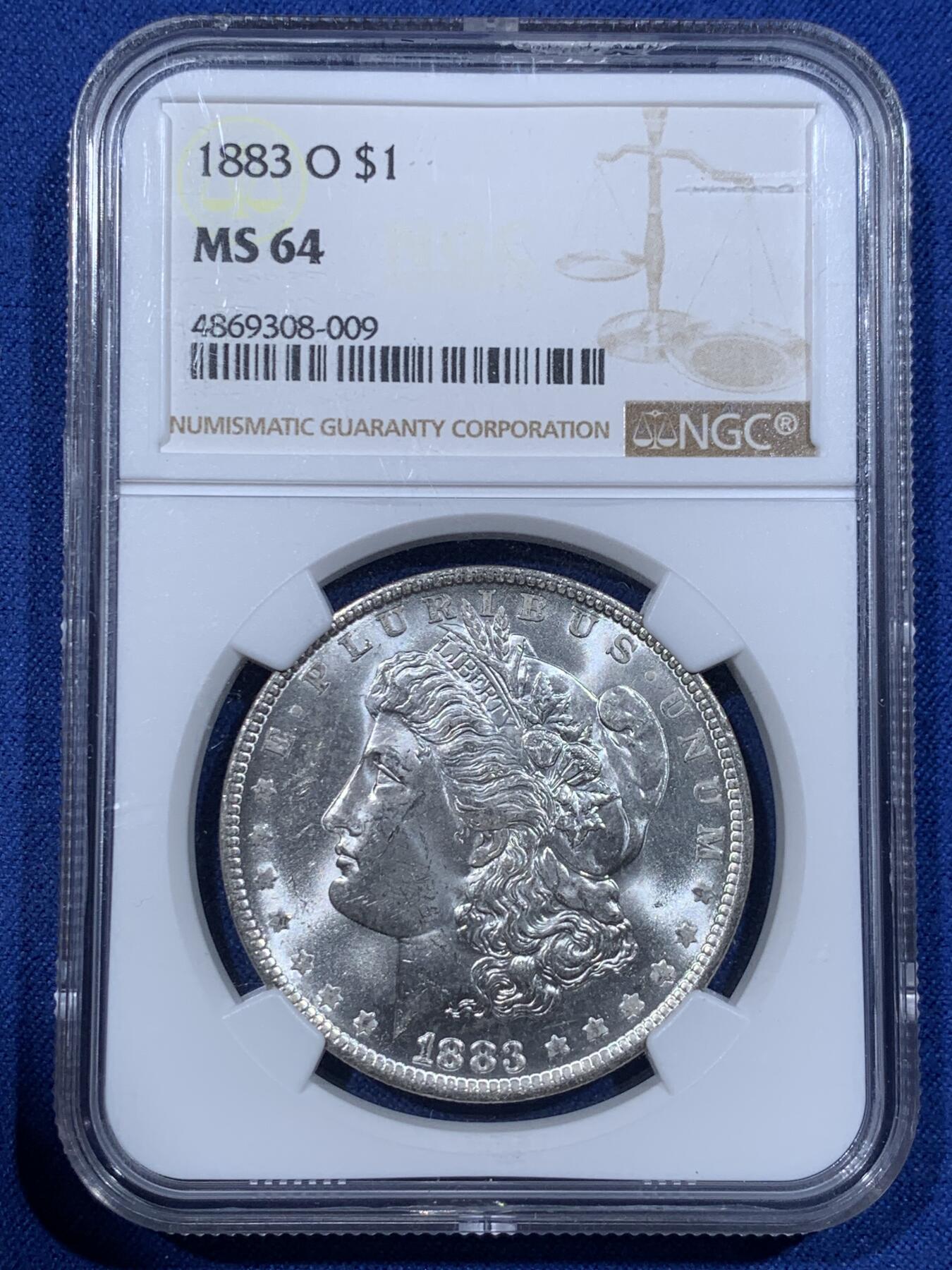 《竞宝斋》第362场 周日，周一，周二  3场连拍 （全场包邮） NGC MS64 美国1883年摩根银币O版银币，转光强烈细节优秀。