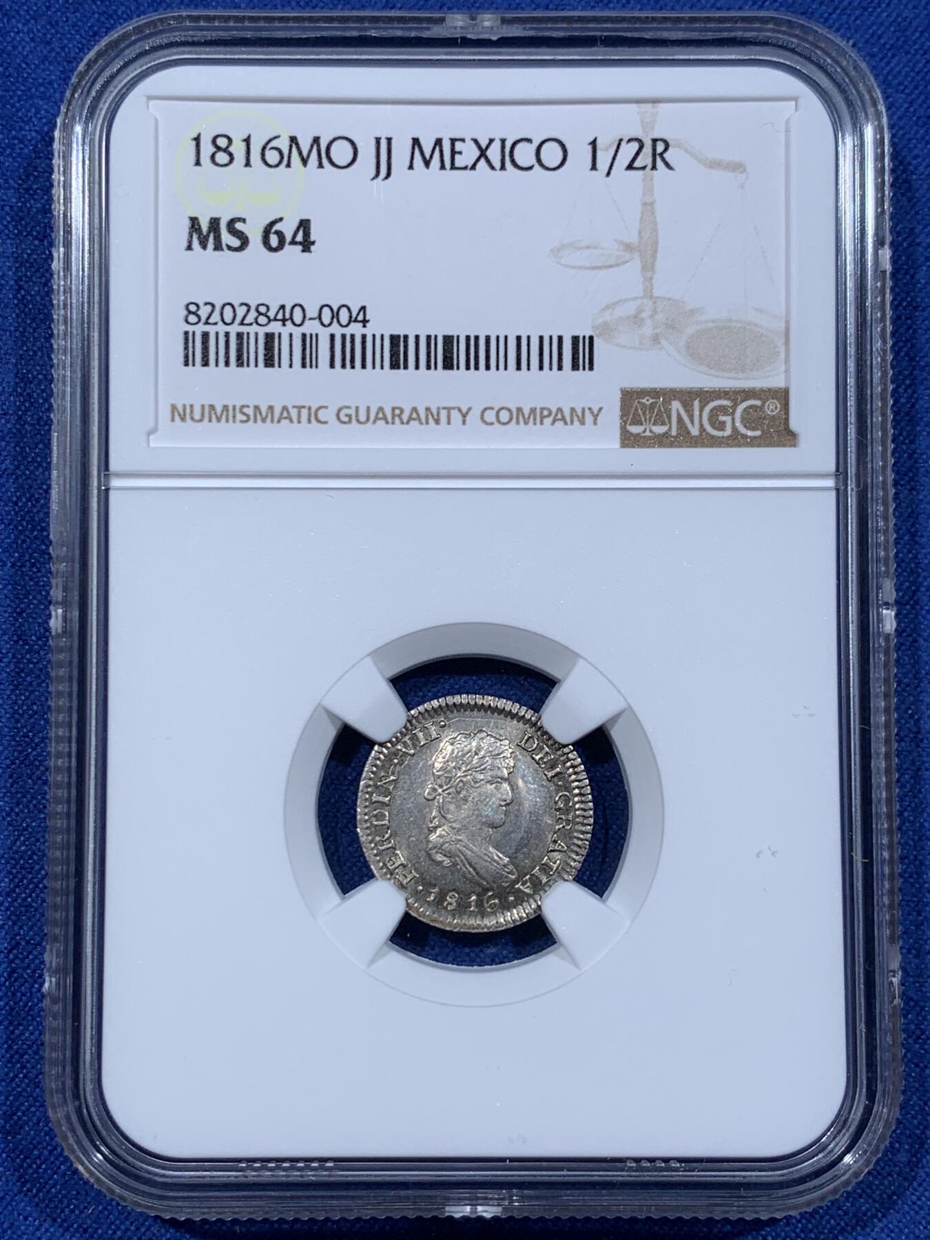 《竞宝斋》第362场 周日，周一，周二  3场连拍 （全场包邮） NGC MS64 墨西哥1816年费迪南七世1/2里亚尔银币  NGC冠军分，该面值的高分好品极少，8年前的2017年SBP拍卖同分价格已经在3000左右了