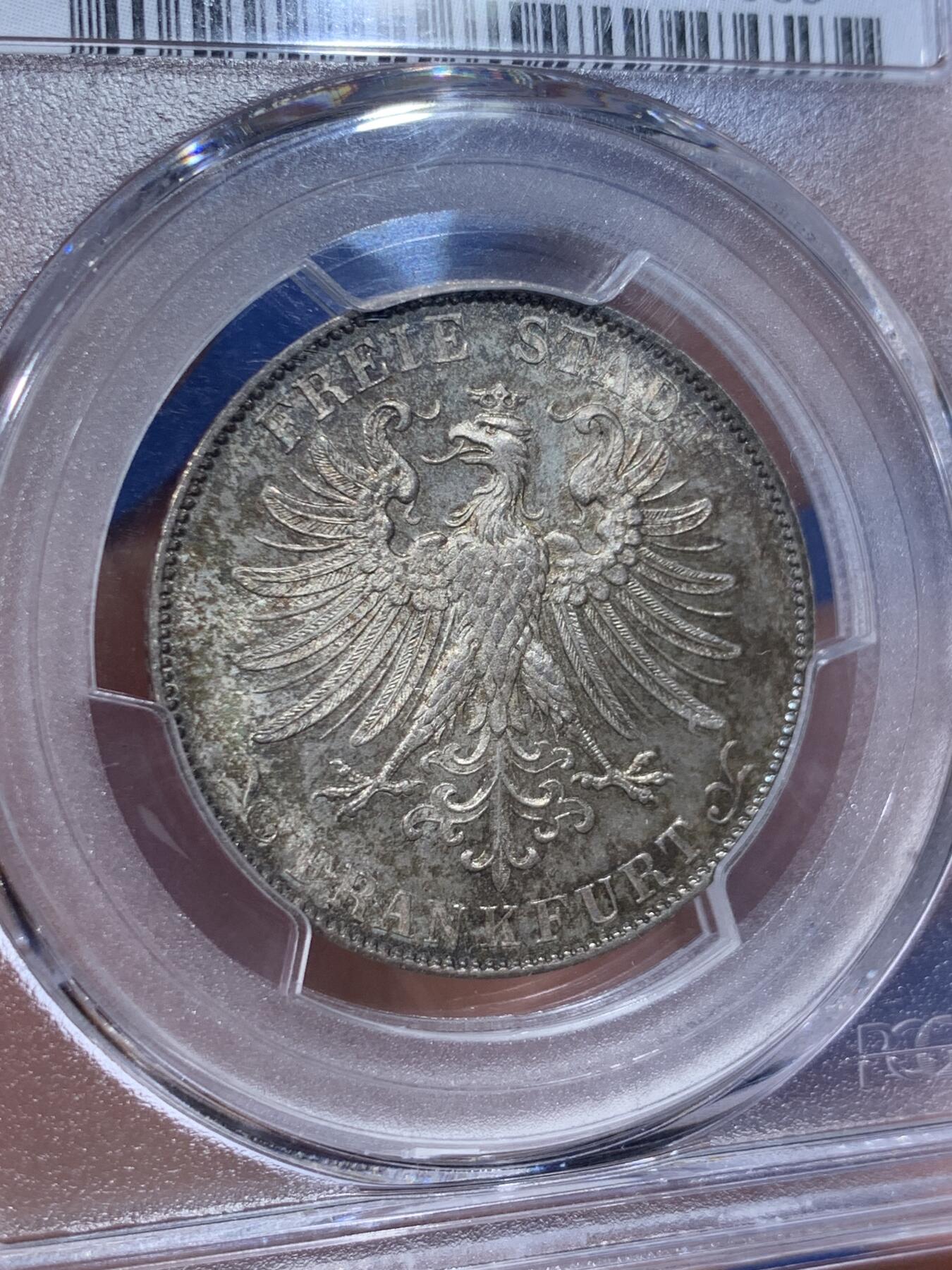 《竞宝斋》第362场 周日，周一，周二  3场连拍 （全场包邮） 亚军分 PCGS MS66 德国法兰克福1859年冠鹰1古尔登银币 少见