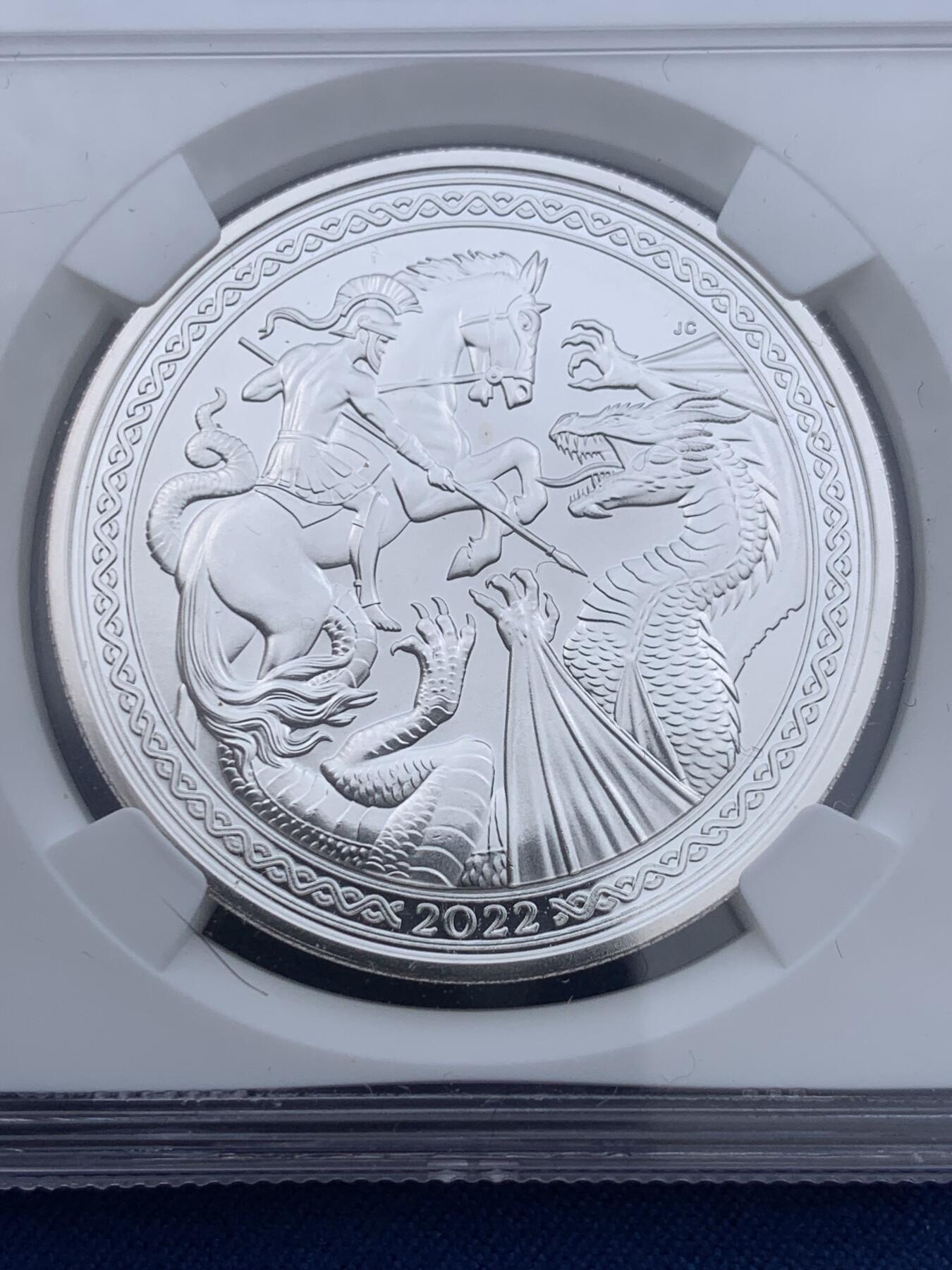 《竞宝斋》第362场 周日，周一，周二  3场连拍 （全场包邮） NGC MS70 圣赫勒和阿森松2022年圣乔治屠龙2镑银币