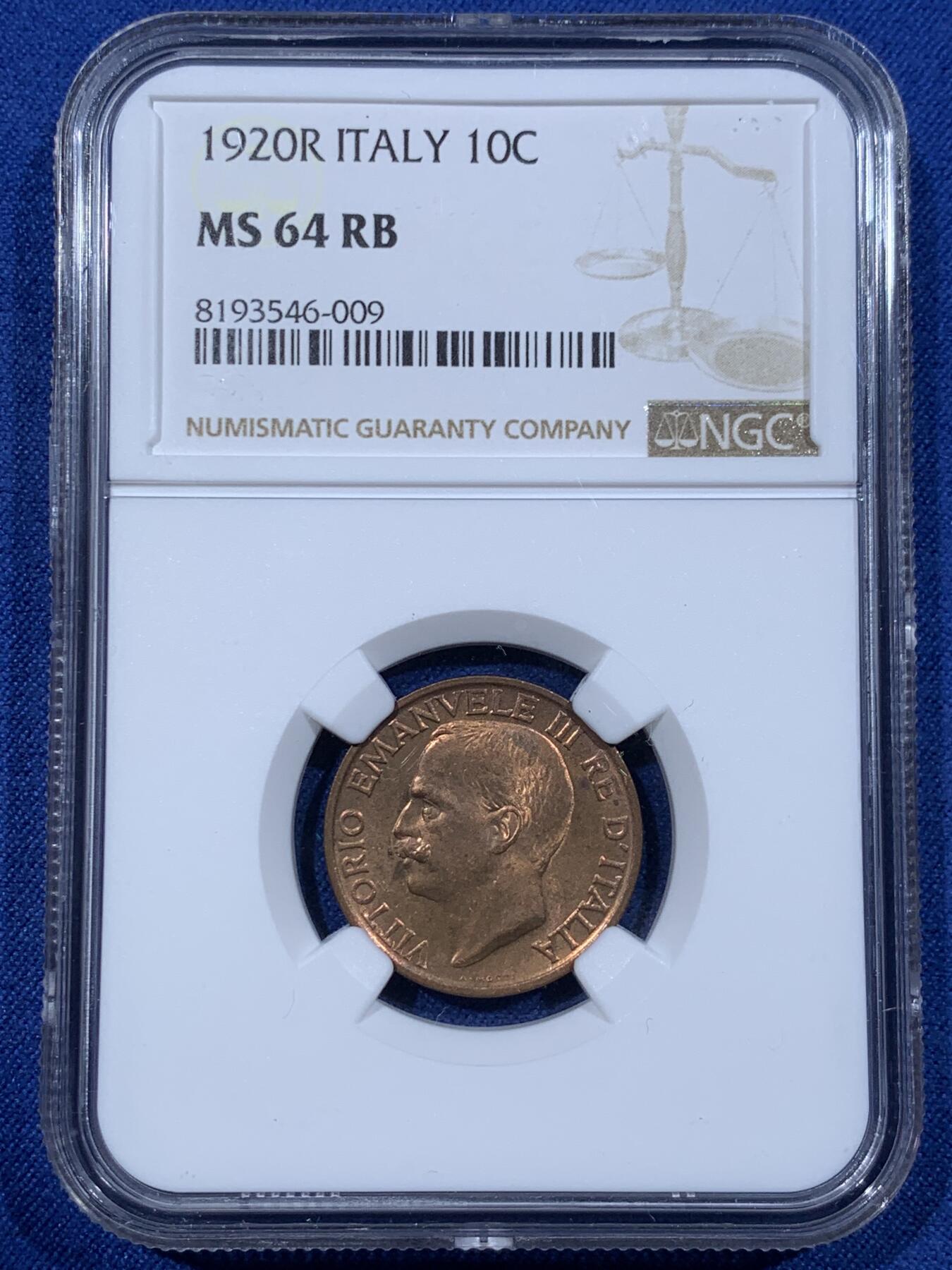 《竞宝斋》第362场 周日，周一，周二  3场连拍 （全场包邮） NGC MS64RB 意大利1920年蜜蜂10分，铜光一流，意大利名誉品种，百年RB难得