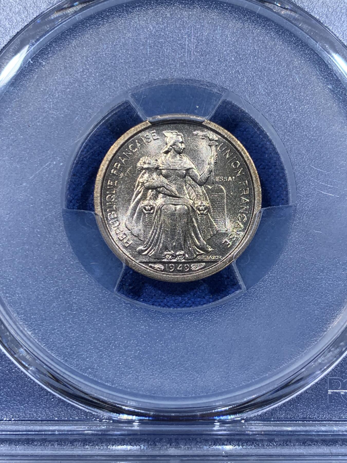 《竞宝斋》第362场 周日，周一，周二  3场连拍 （全场包邮） 3枚一组 PCGS SP65-66  法属大洋洲 1949年  1法郎、2法郎、50分样币  2法郎冠军分  1法郎亚军分  发行量2000 带ESSAI