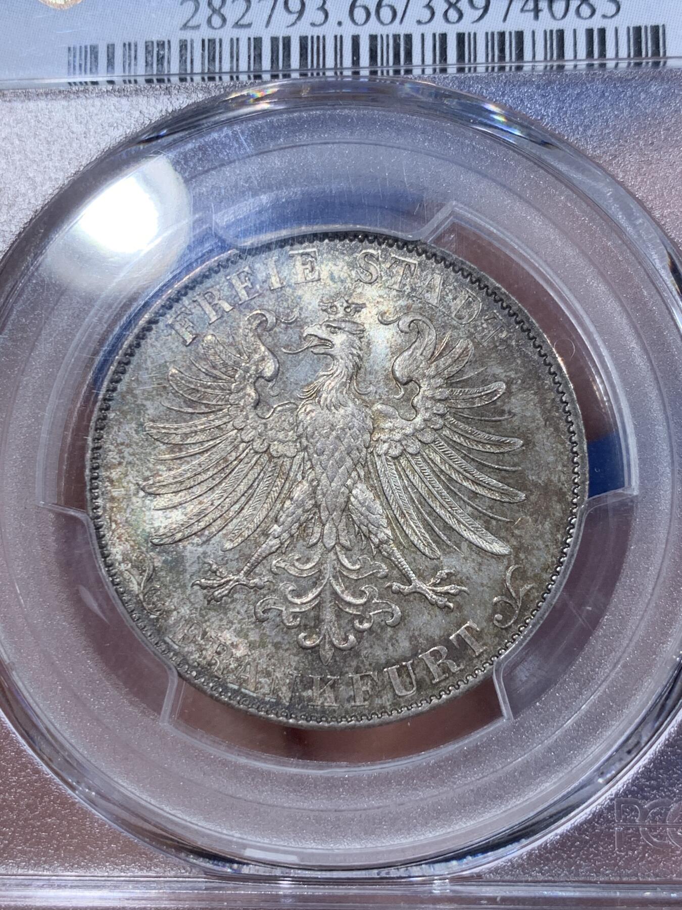 《竞宝斋》第362场 周日，周一，周二  3场连拍 （全场包邮） 亚军分 PCGS MS66 德国法兰克福1859年冠鹰1古尔登银币 少见